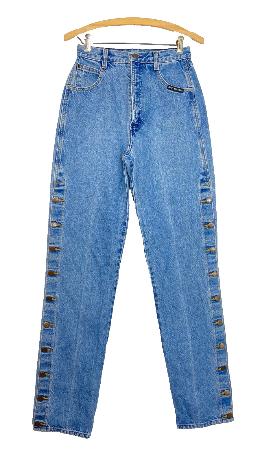 Vintage 1980s high waist jeans 25 34 side buttons ROCKY MOUNTAIN 29 blue denim