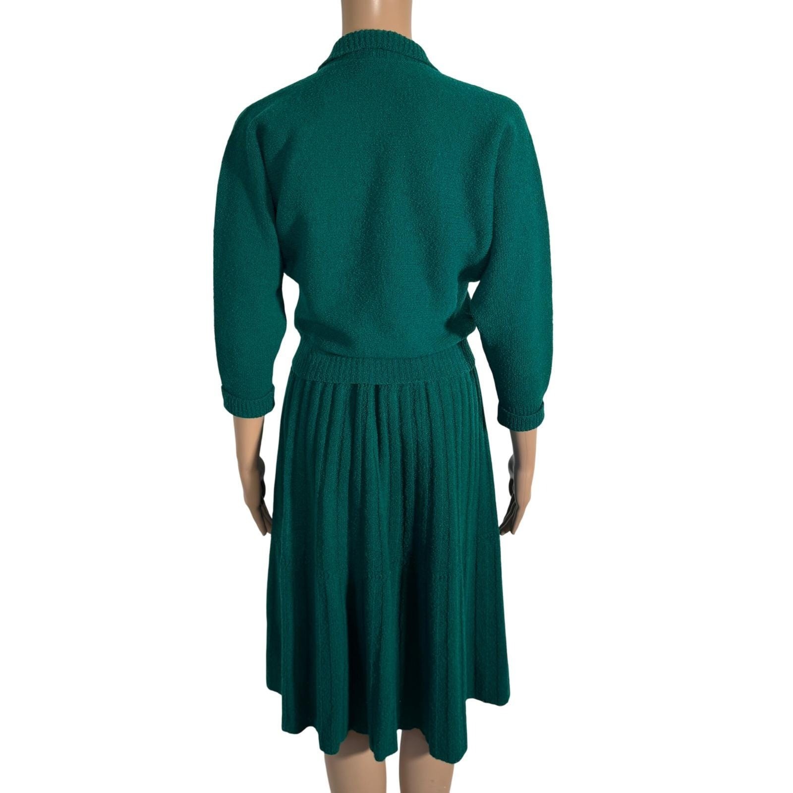 Vtg Lass O Scotland 100% Wool 2 Piece Skirt Set Emerald Green Rhinestone Small