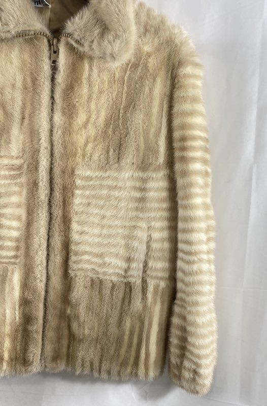 Vintage 80s Maximilian Women’s Cream Mink Fur Striped Paneled Jacket Zip