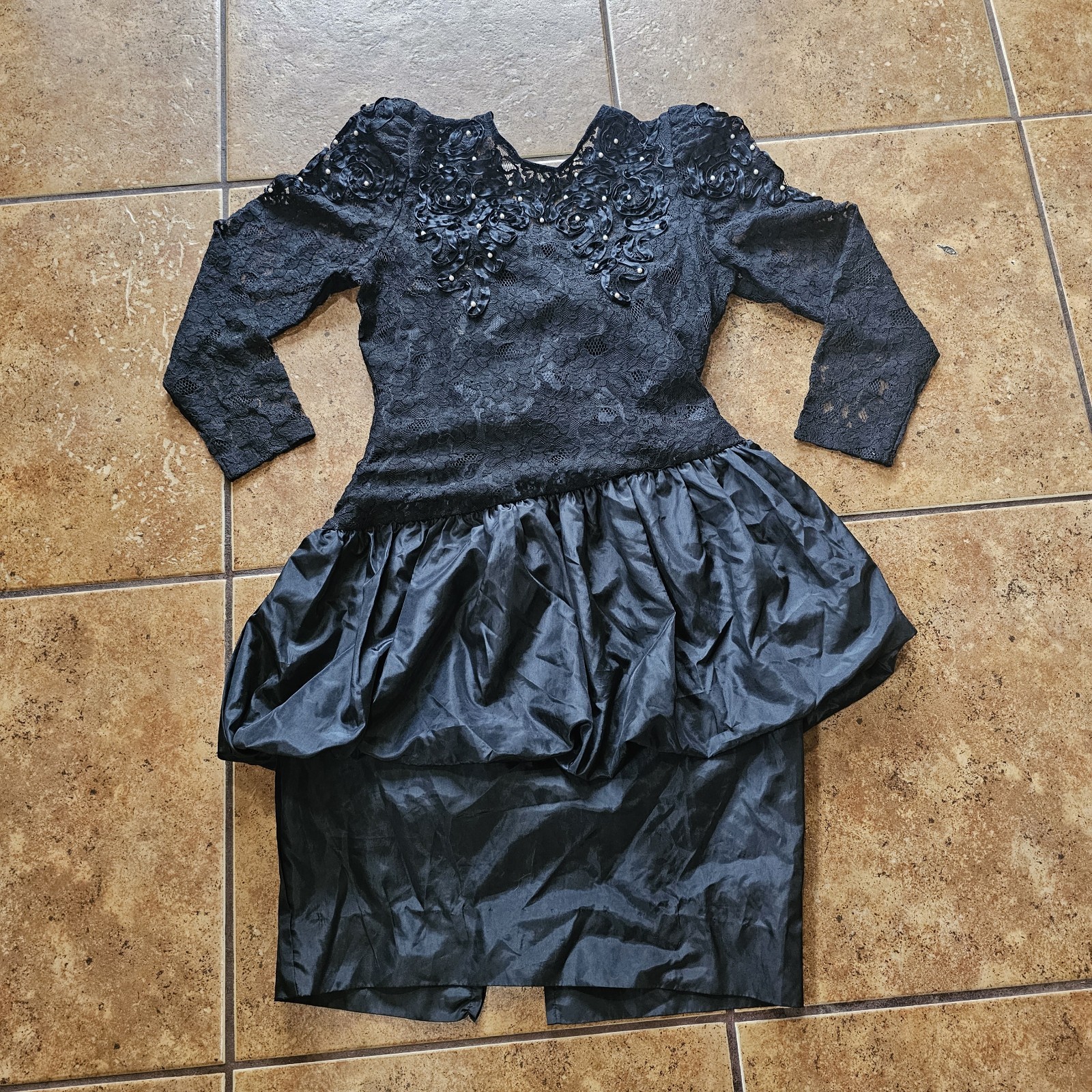 Vintage 80s Black Dress Lace Floral Niki Sequin Beaded Midi Abstract Cocktail