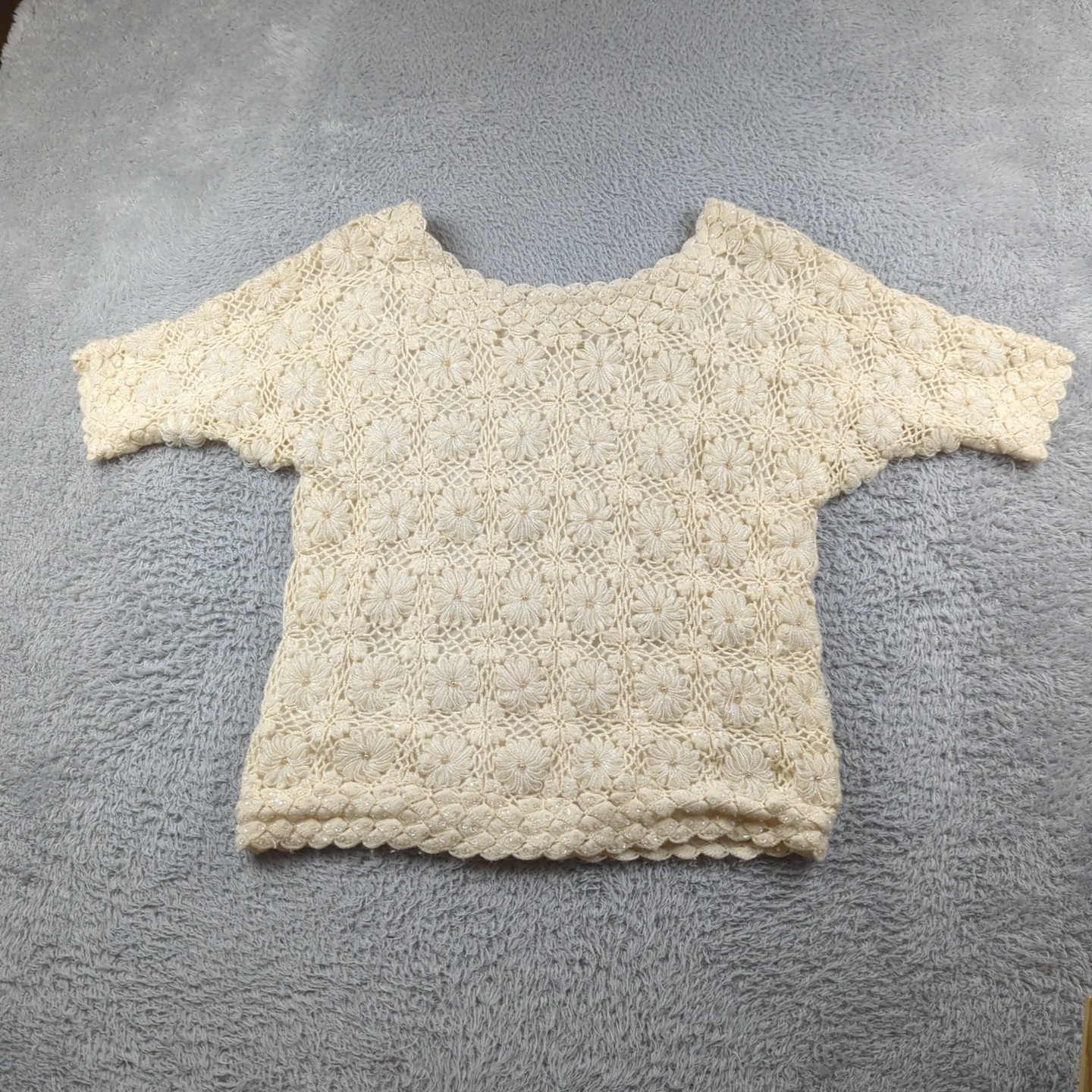 Vintage 1960s Cyn Les Sweater Top Women 40 White Wool Beaded Lined Granny Square