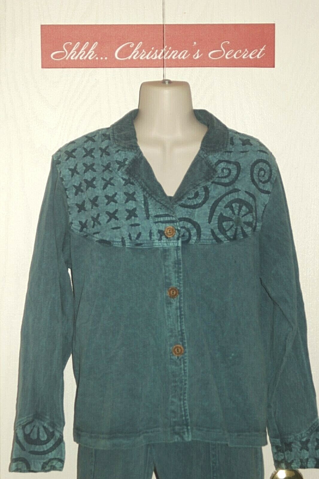 VINTAGE PRODUCE CO STUDIO Pants Jacket 2 pc Cotton Teal Green USA Sz S/M *VG