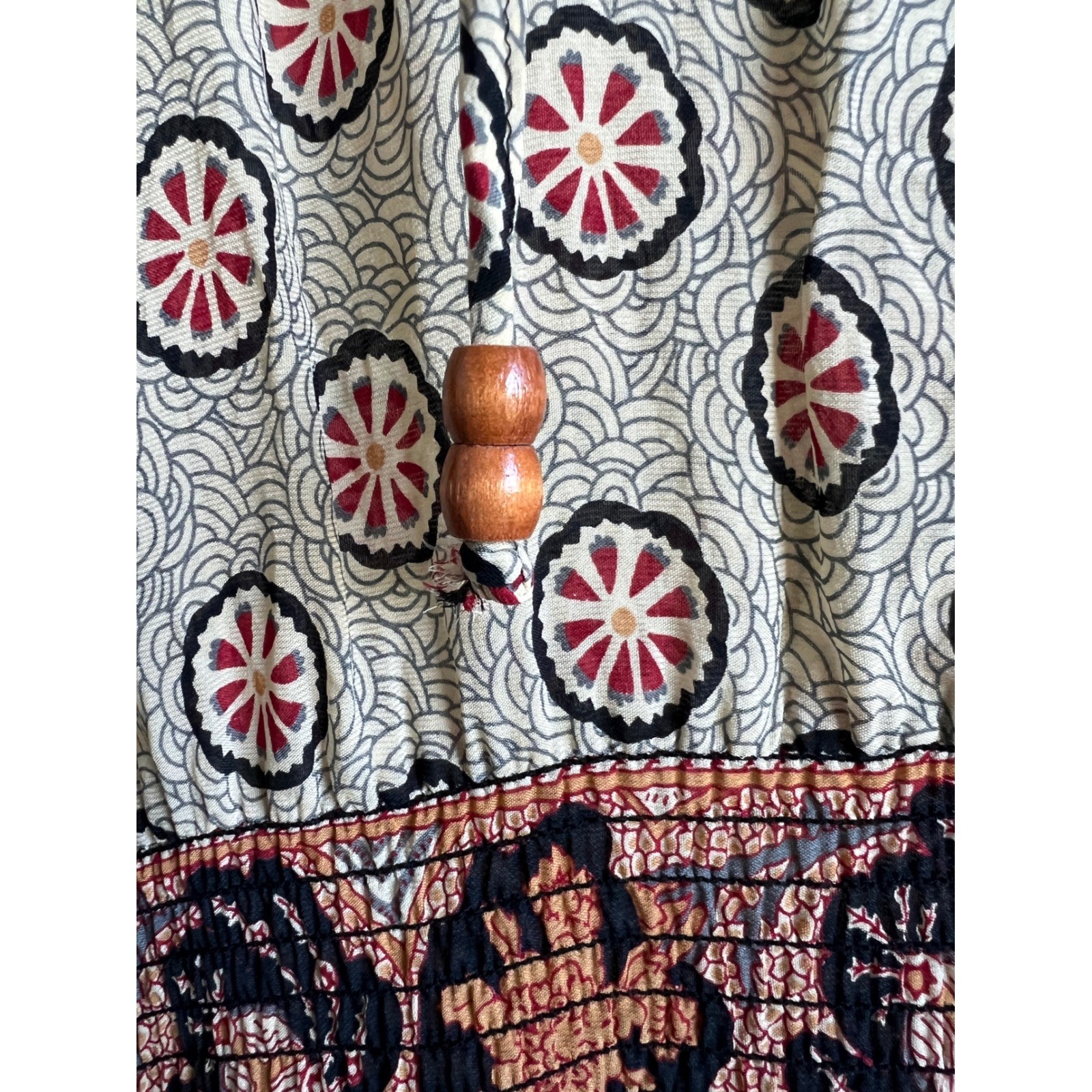 Vintage 70s Midi Dress Boho Smocked Waist Semi Sheer Peasant Batik Block Print