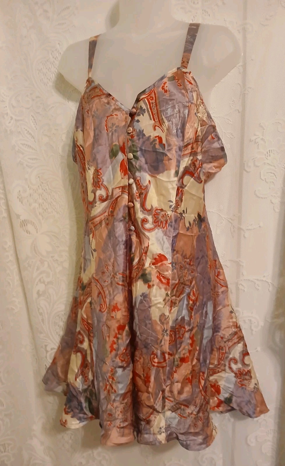 Vintage Intimates SILK Pastel Paisley Nighty Slip Dress Negligee Lingerie XL EUC