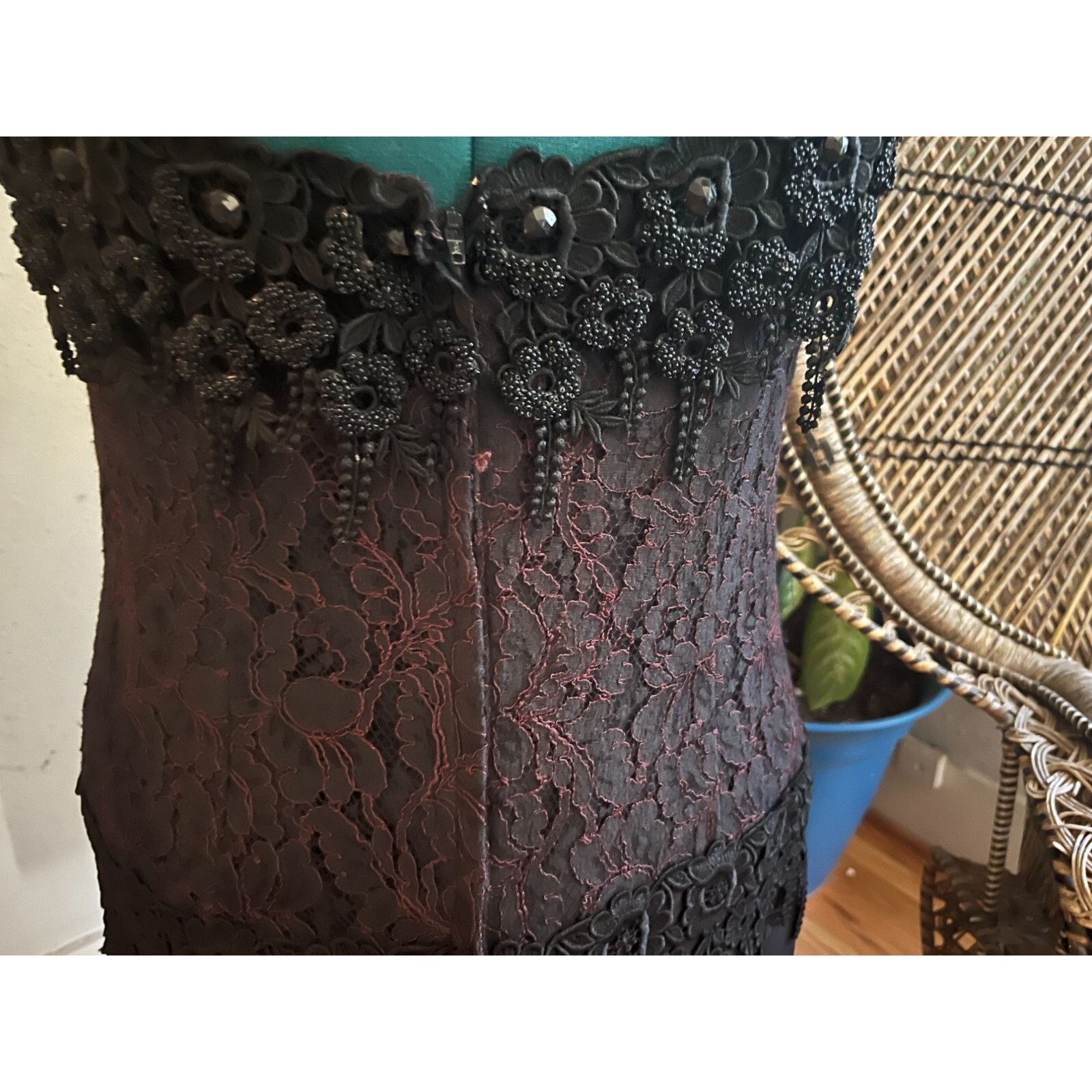 80s-90s Black Beaded Strappy Knee Length Dress with Lace + Chiffon