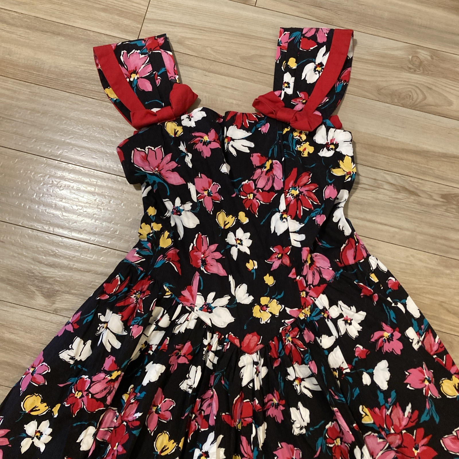 Vintage REO Originals Dress Size 12 / L Black Floral Ribbon Maxi 1970s USA Made