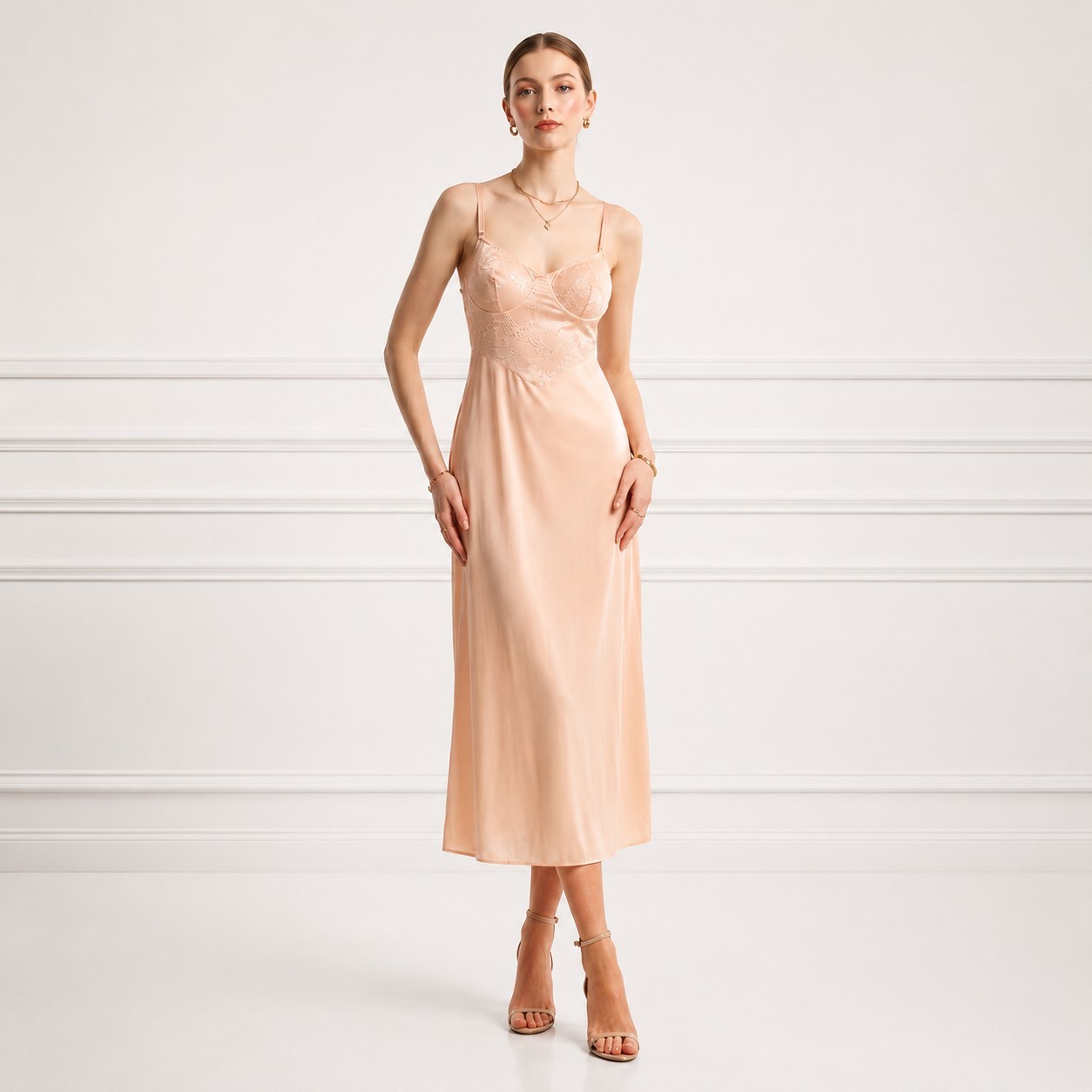 Vintage 80s Glydons Blush Nude Full Slip Dress Antron Nylon Lycra 36 Sheer
