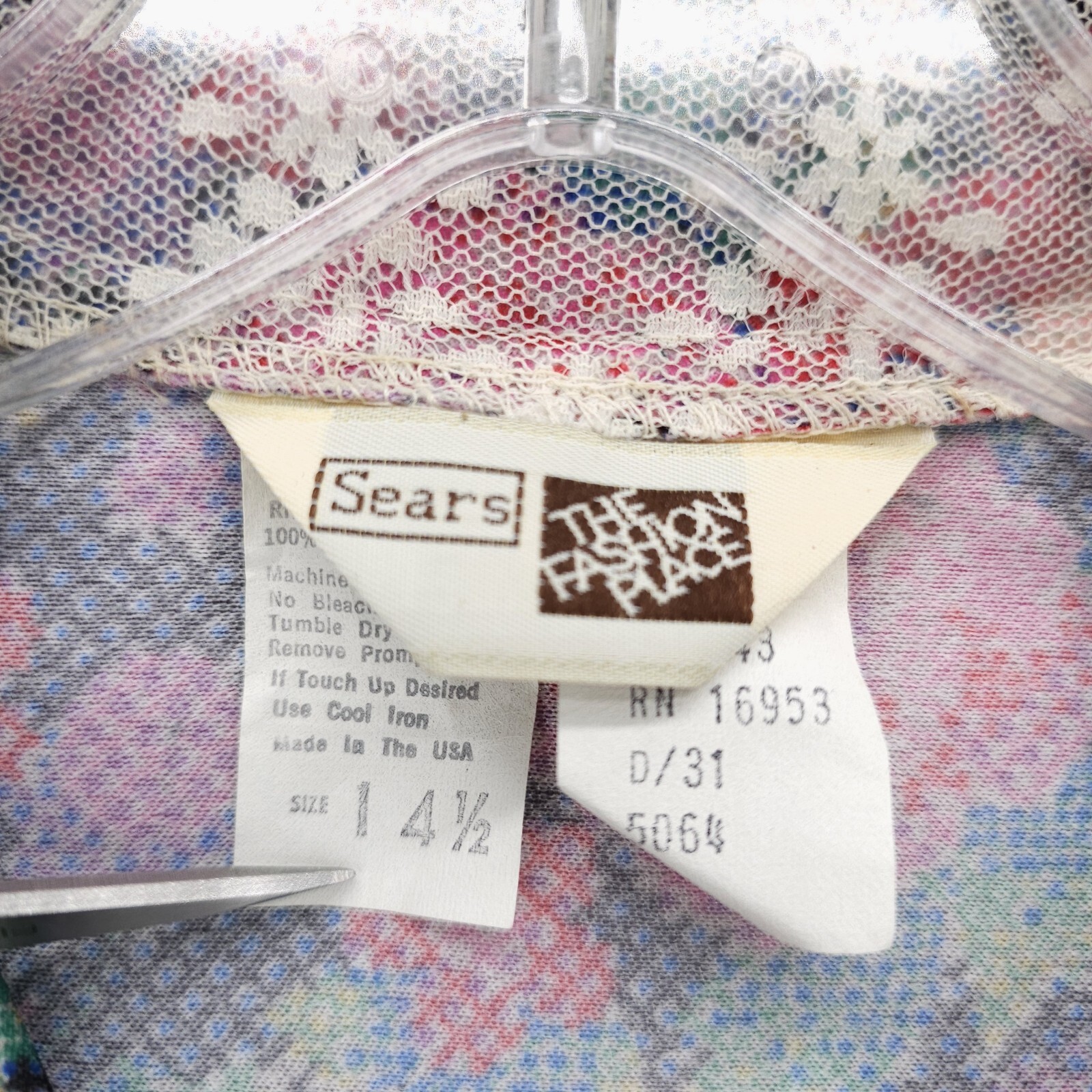 SEARS Vintage House Dress Floral 3/4 Sleeve Lace Trim Collar Size 14 1/2