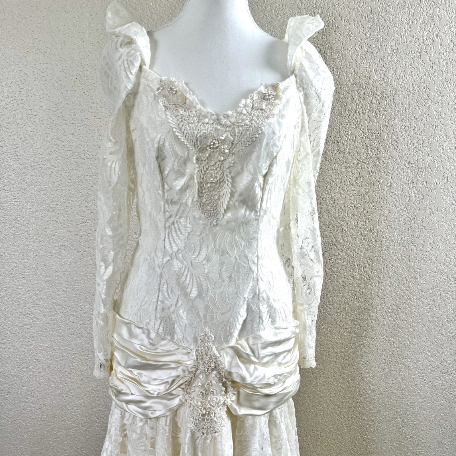 Vintage 80s Bonnell White Lace Chiffon Hi Lo Dress Wedding Prom Party Deco Sz M