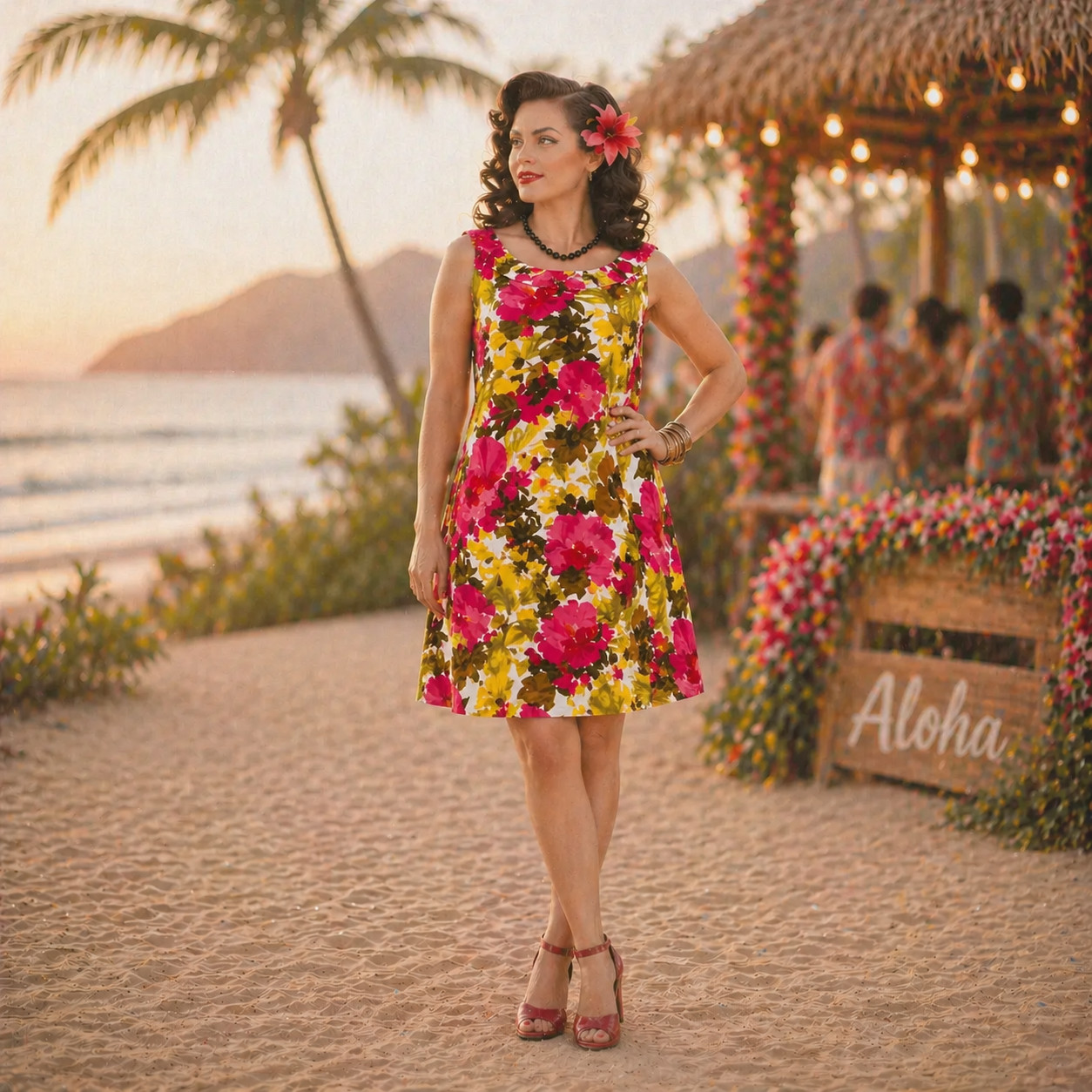 Vintage 1960s Hawaiian Dress. Tunic Dress Shift Floral Pinup Luau Hawaii Tiki