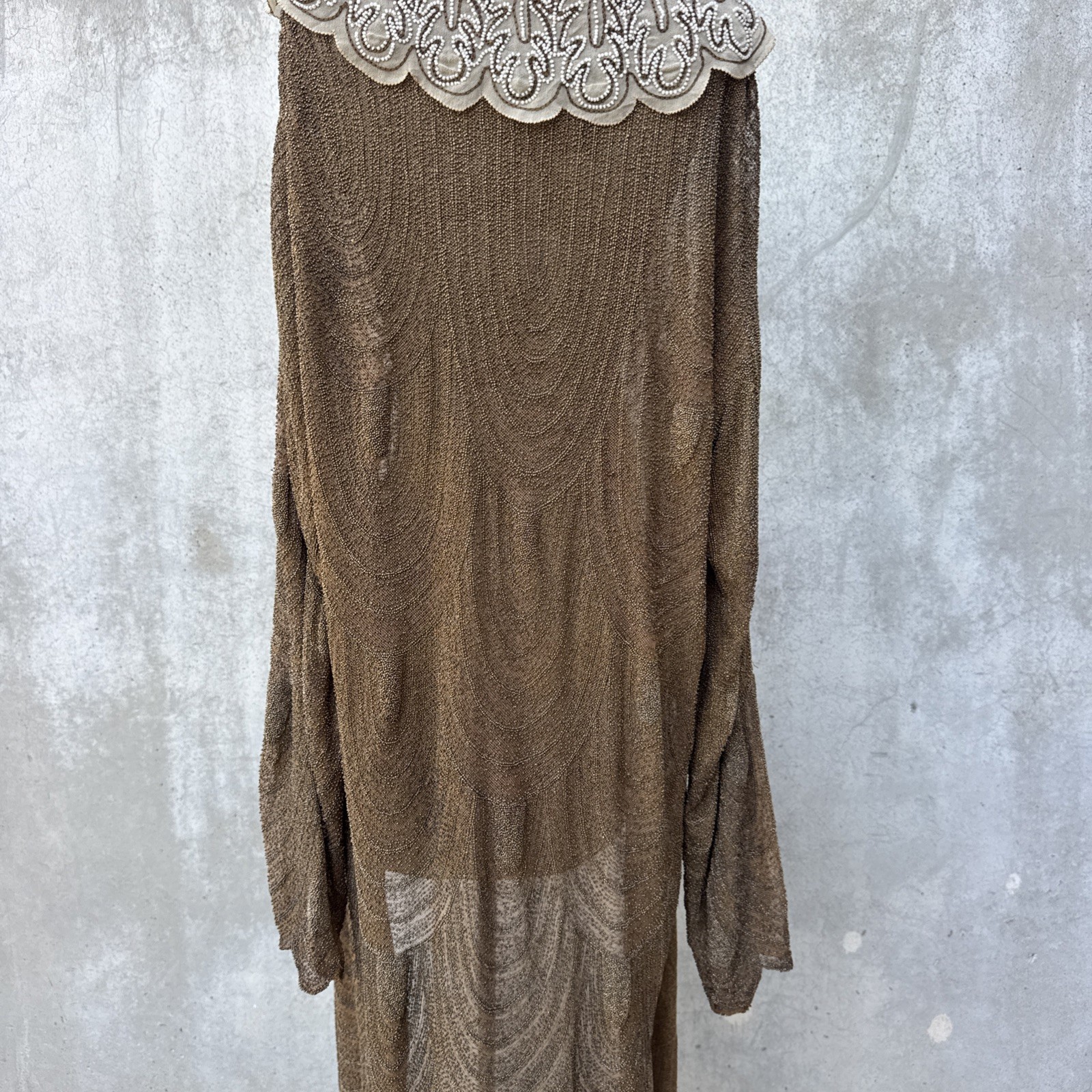 Antique 1920s Completely Beaded Gold Coat Scalloped Hem Art Deco Net Vintage