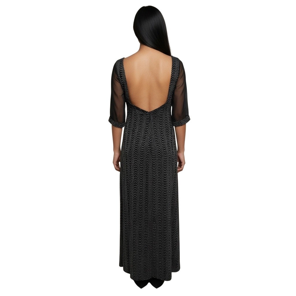90s Black Sheer Sparkle Maxi Prom Dress Sheer Sleeves Open Back Small ^