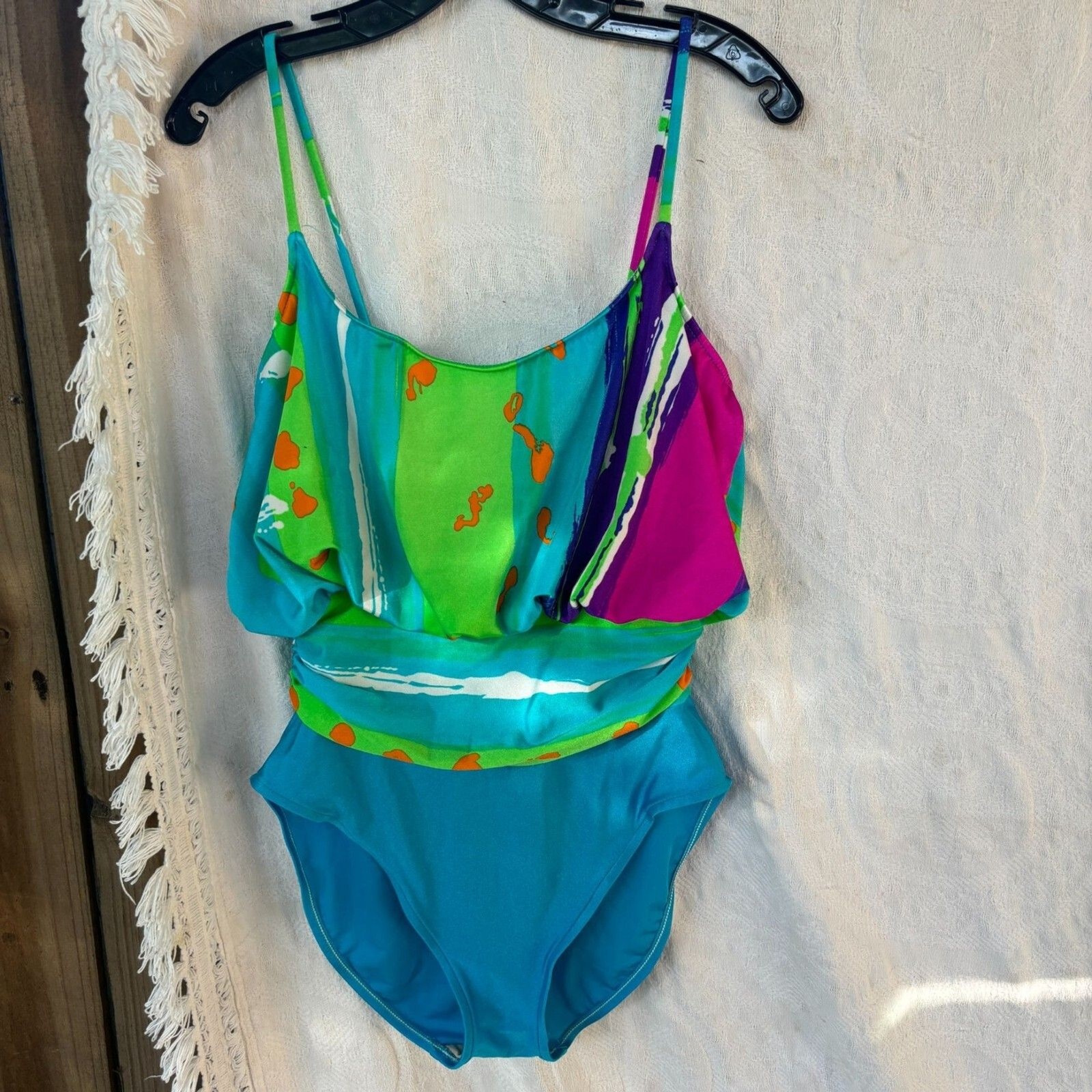 Vintage 80s COLE Of CALIFORNIA High Cut Leg Shimmery Bright SWIMSUIT Sz 14