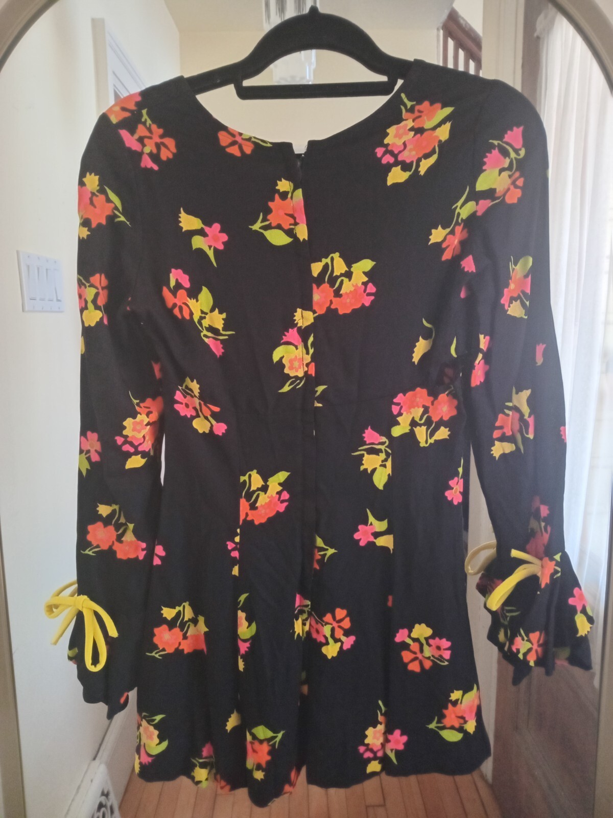 Vintage 60s Black Neon Pink Yellow Floral Mini Dress Mod Go Go Hippie Rare S