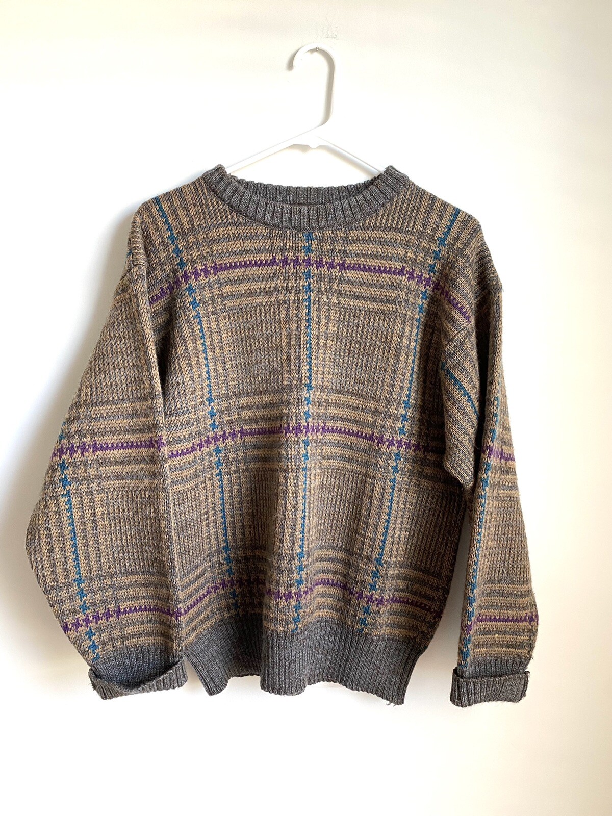 Vintage 1980’s Roots Scotland 100% Wool Brown Plaid Cozy Organic Sweater
