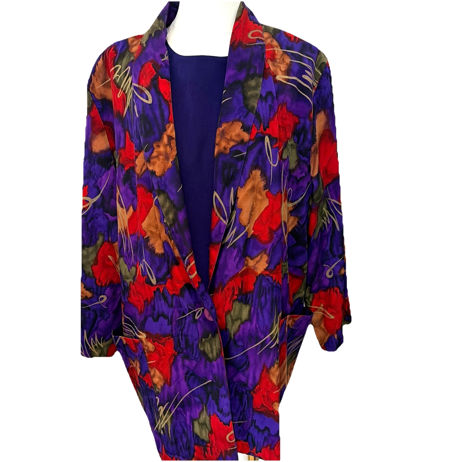VTG 80s Emily Adams Colorful Floral Jacket & Matching Top Sz XL Long Line Artsy