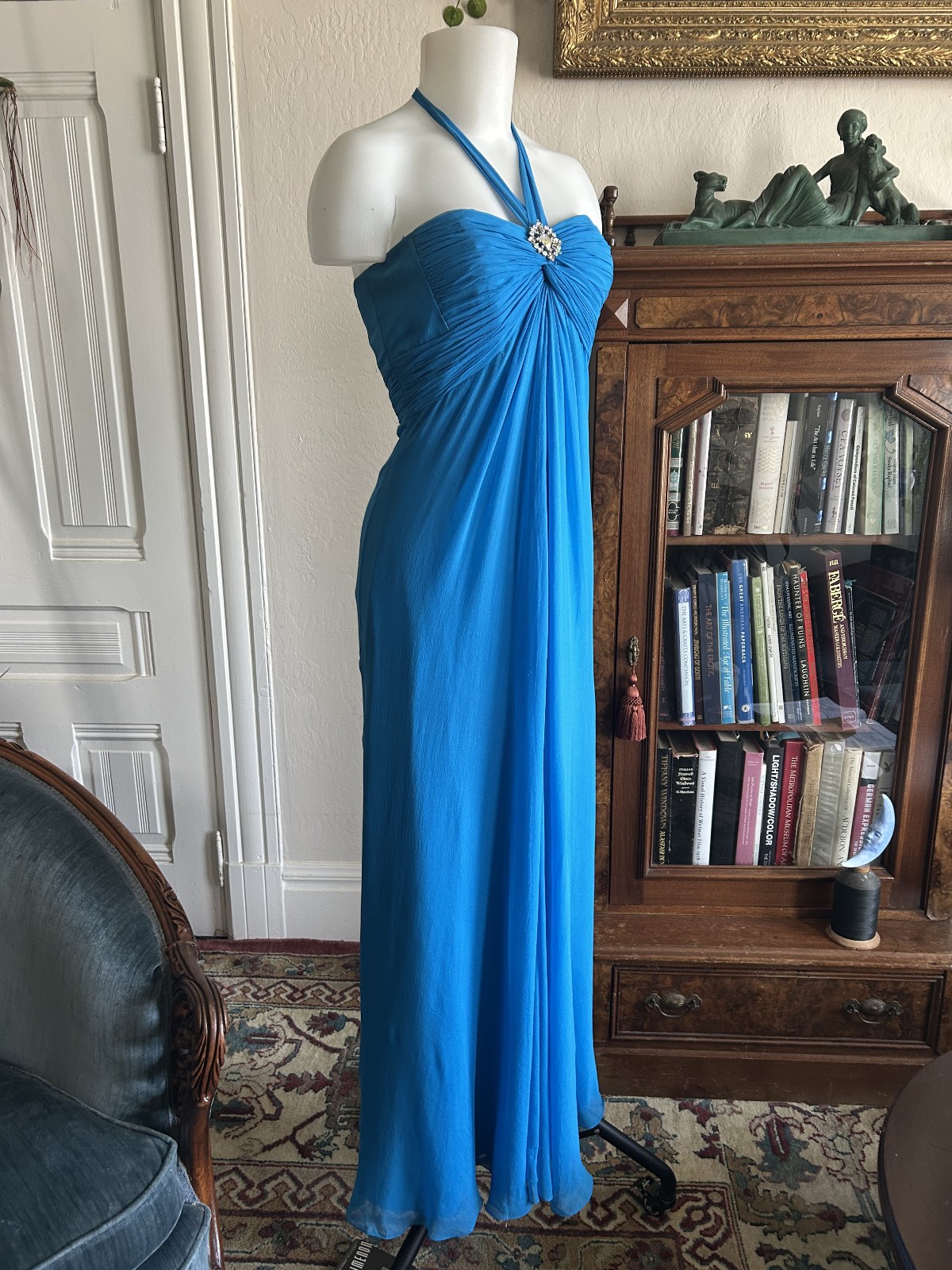 Vintage Y2K Laundry Shelli Segal Aqua Blue Silk Halter Maxi Dress Formal Fairy