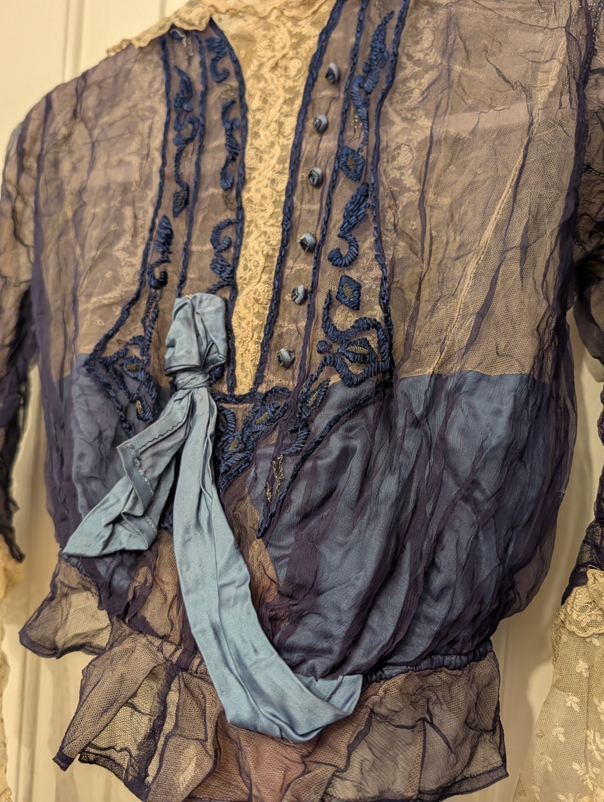 Antique Edwardian Cream Lace Blue Satin XS Women’s Blouse Handmade Bow Details