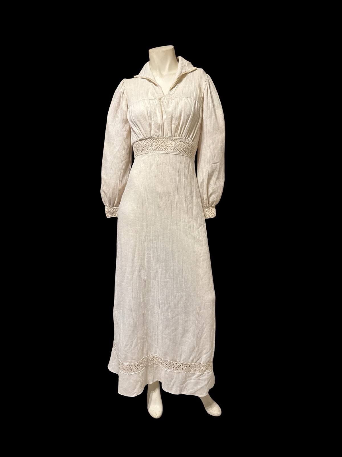 VTG 70s Prairie Dress Pommy Jrs Gauze Poet Sleeves Empire Crochet Waist Cottage
