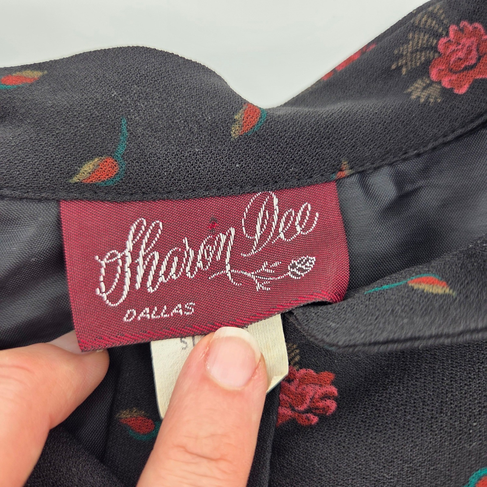 Sharon Dee Vintage Floral Midi Dress Medium Black Red Rose Goth Dark Romantic