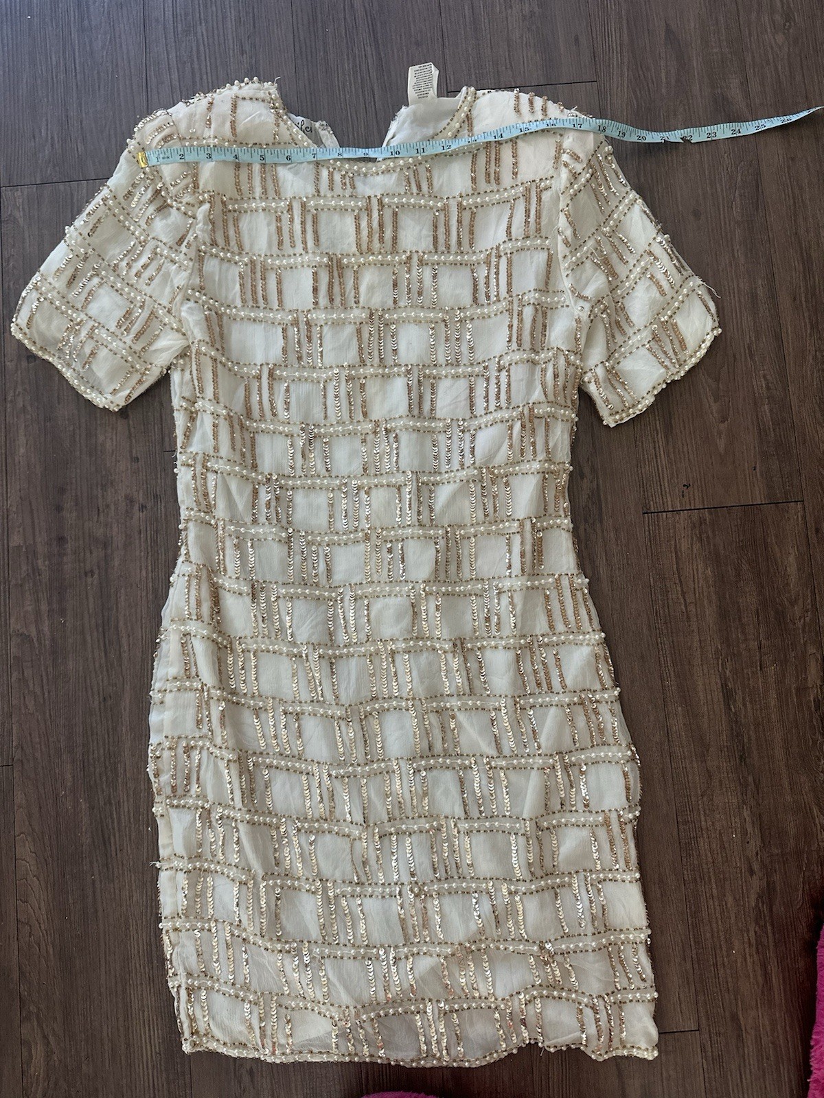 Vintage 90s Beige Silk Beaded Cocktail Dress Jennifer KVM M
