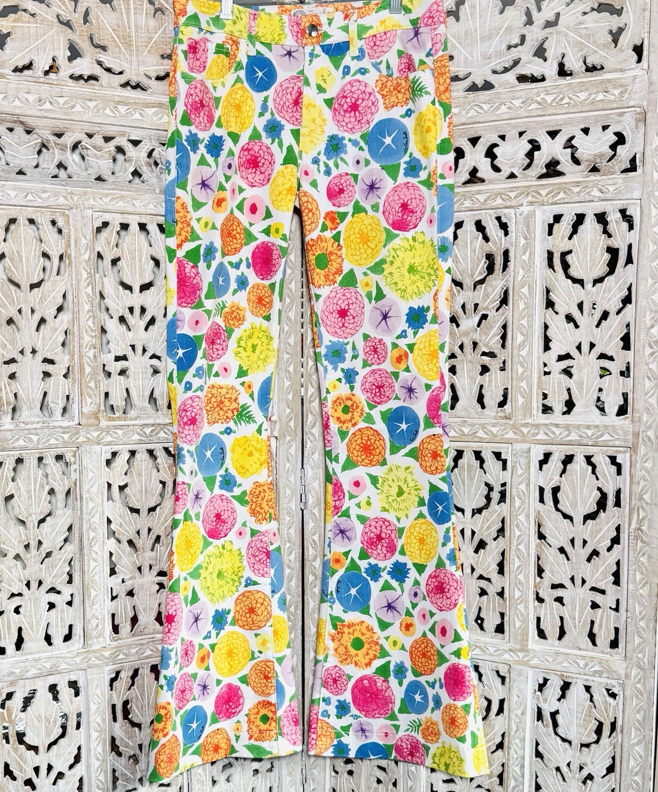 Vintage Ken Scott Seafarer Italy Flower Power Bell Bottom Jeans SZ 27”x32” EVC