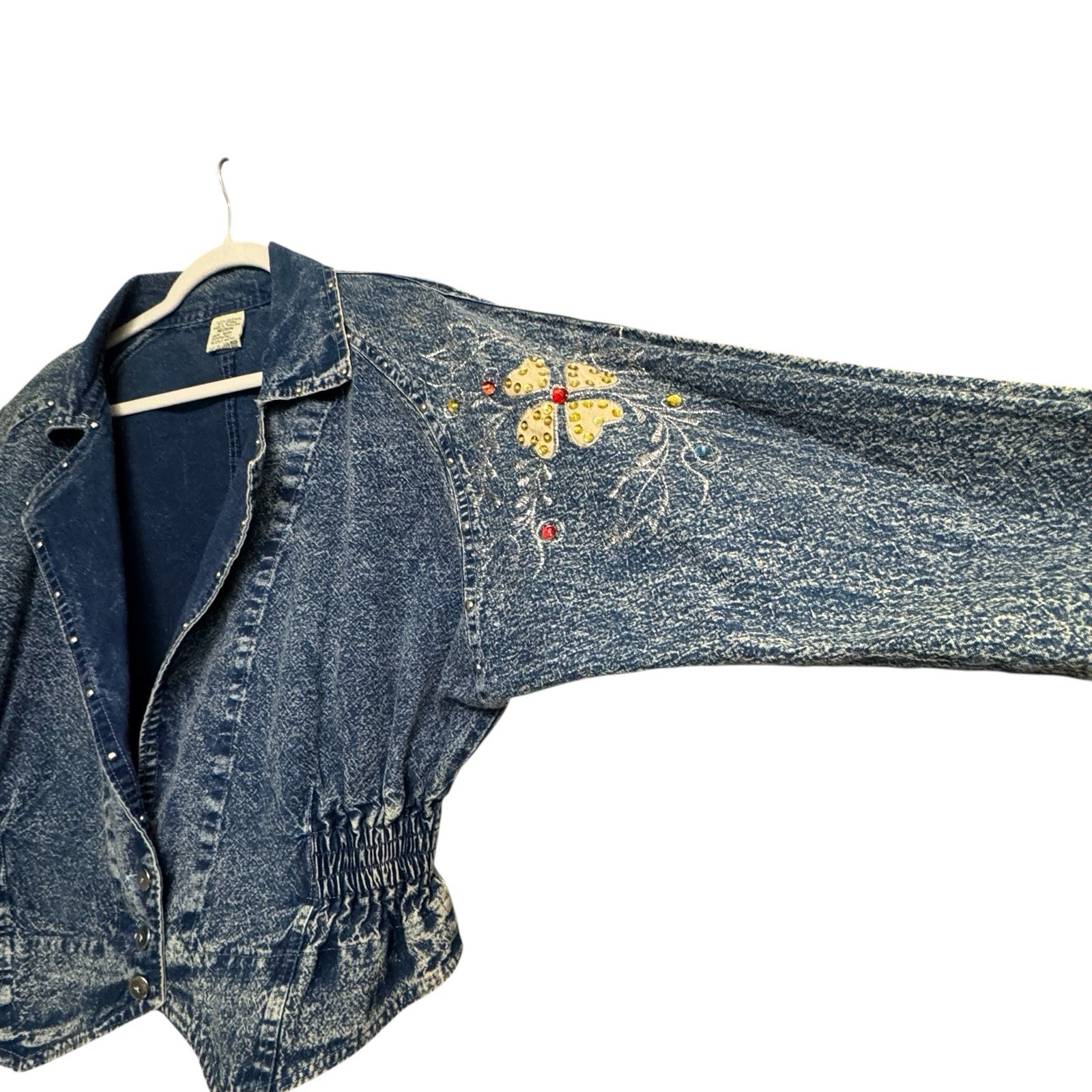 80s Denim Jacket Short Acid Wash Floral Embroidery Embellished Crop Sz M Vtg EUC