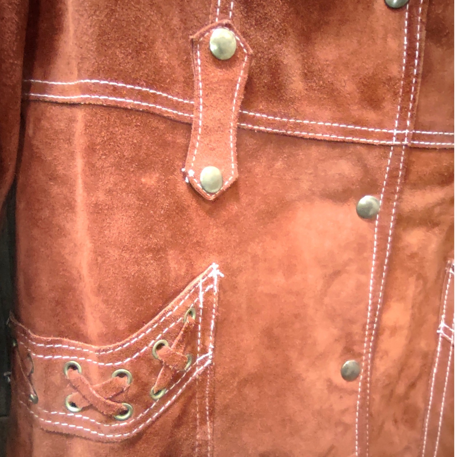 Vintage 70s Burnt Orange Suede Coat Womens Size 13 Snap Closure Lace Up Design
