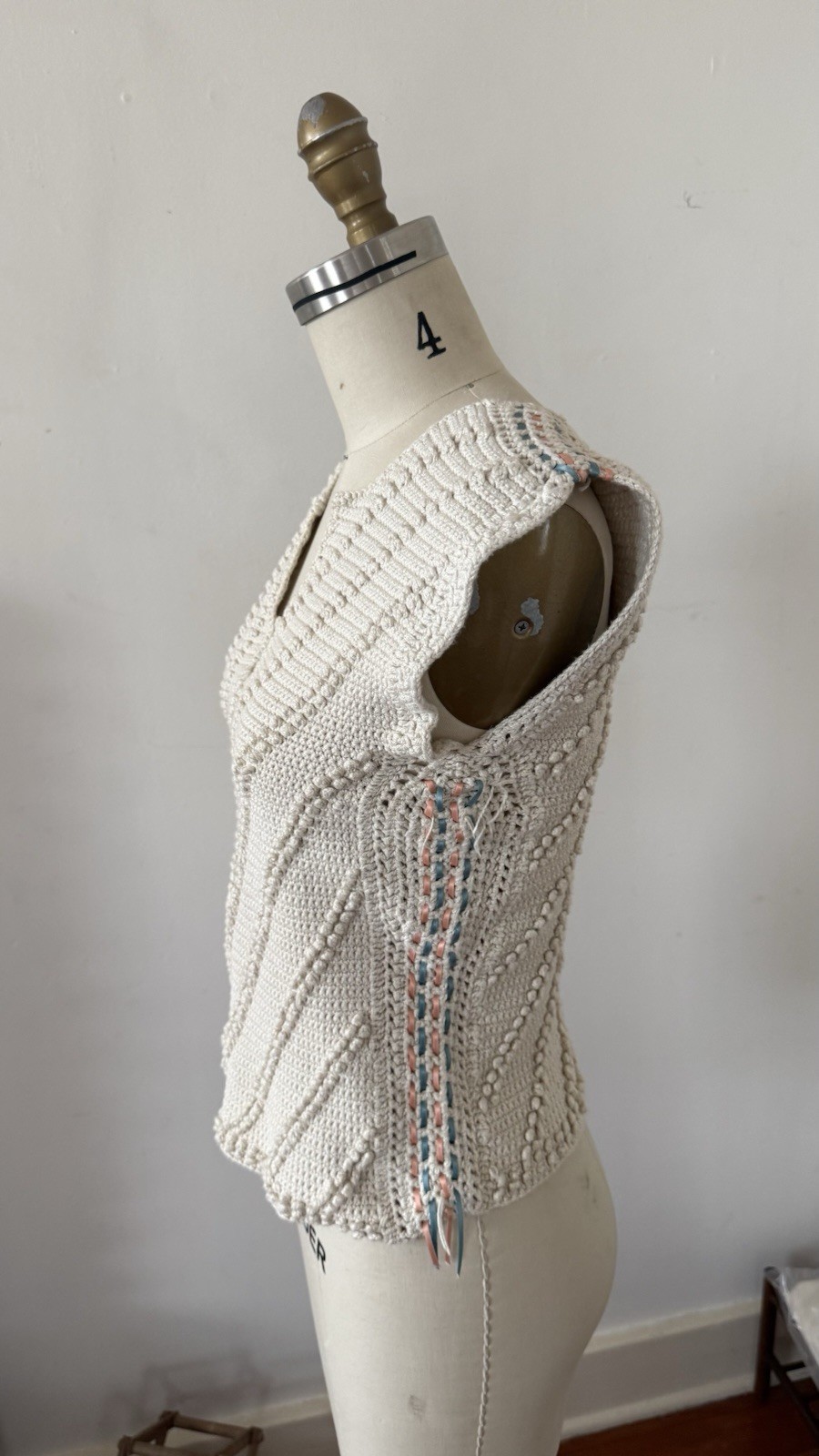 Antique/Vintage Art Deco Popcorn Rayon Hand Crocheted Knit Ribbon Trim Top XS