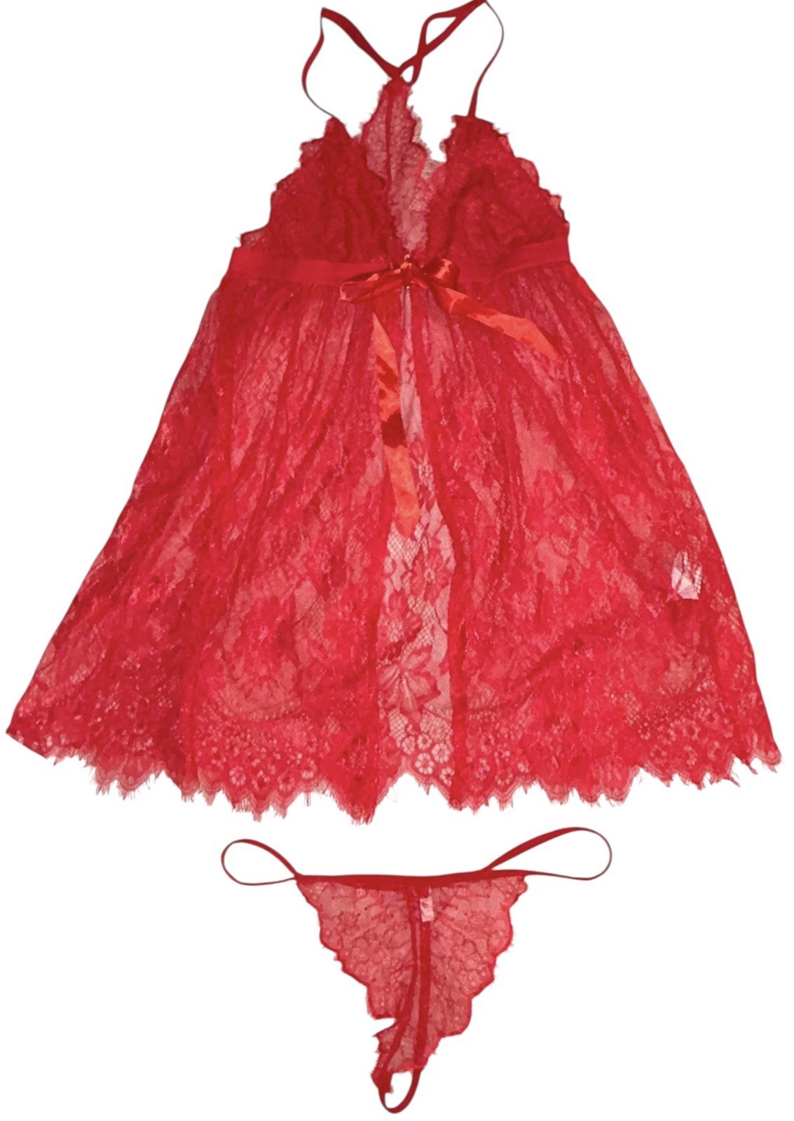 2PC AVIDLOVE Red Shiny Sheer Lace Peek A Boo Front Closure Nightie & Panties S