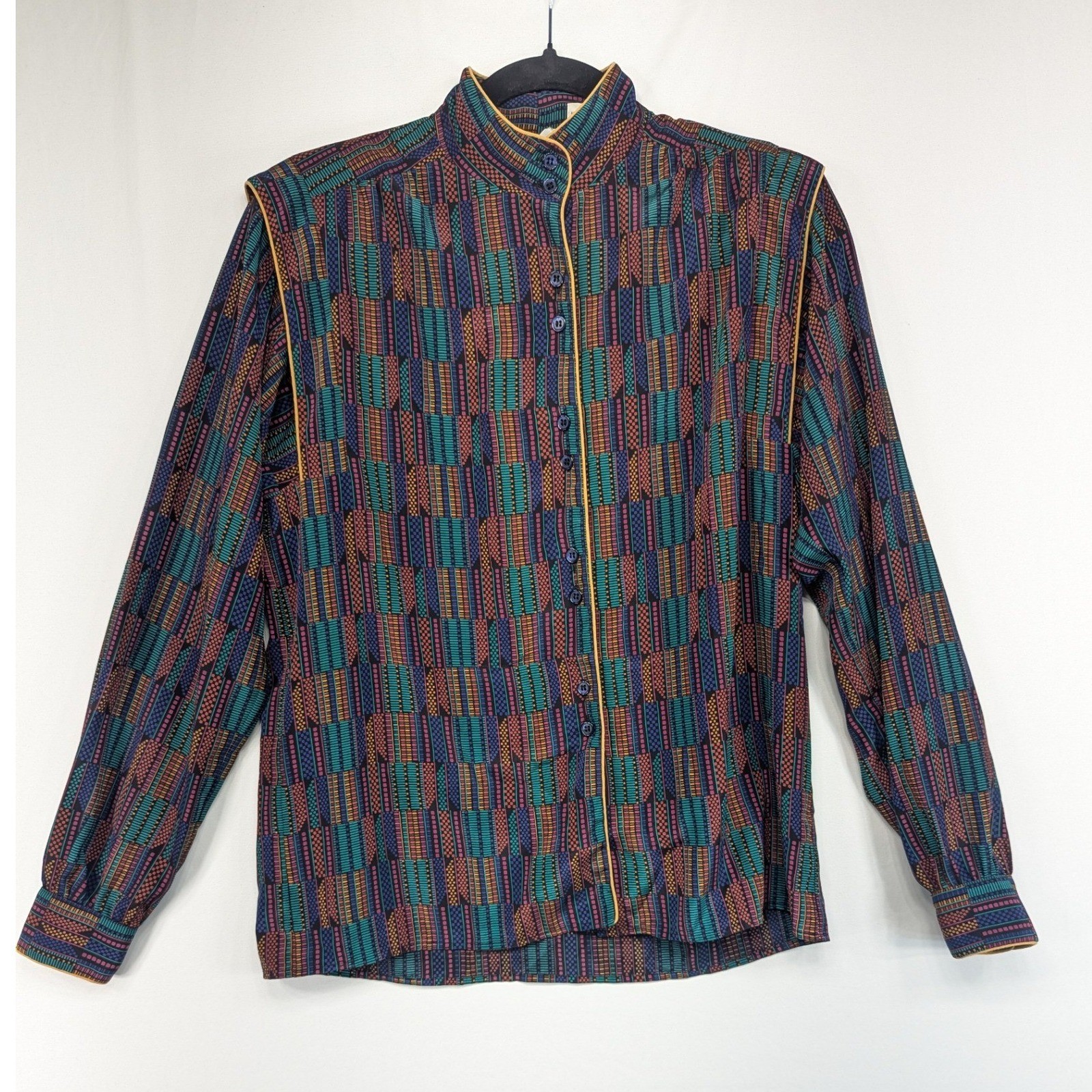 Vintage Jaymee Papell Geometric Print Blouse Mandarin Collar Button Up Size 6