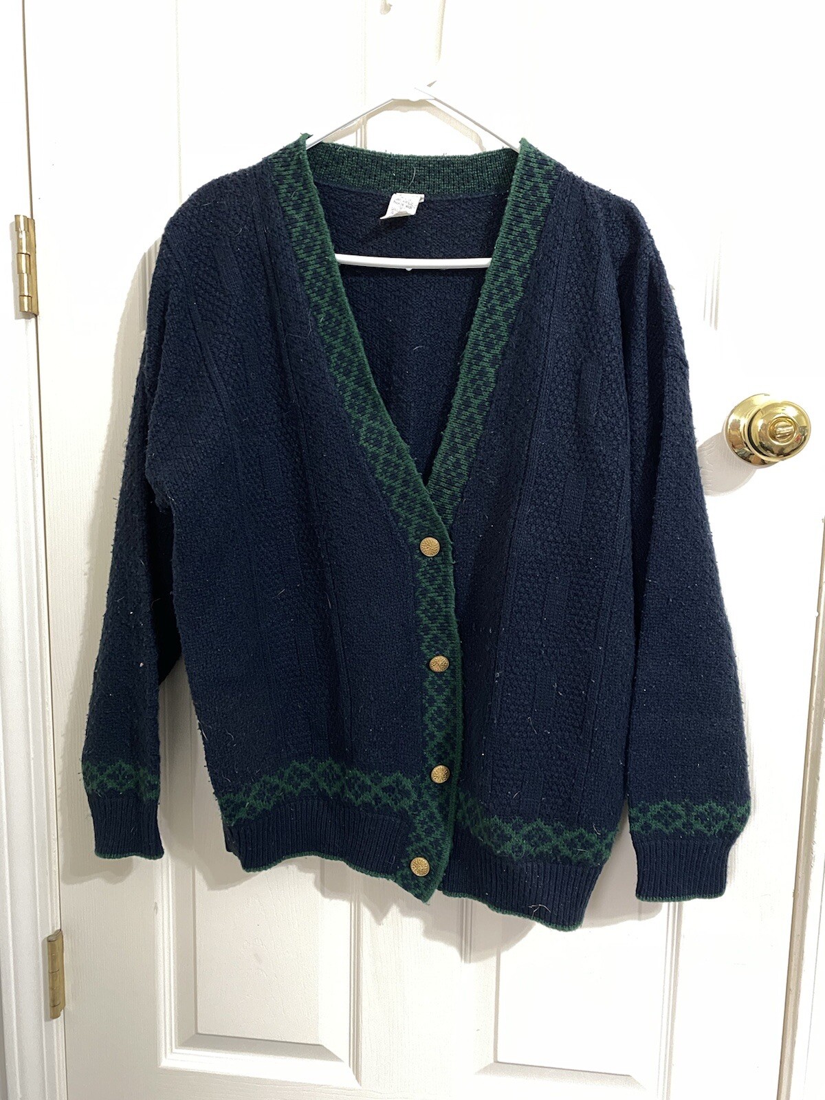 Vintage Acrylic Sweater Navy Blue Green Trim Gold Buttons Granny Size Large