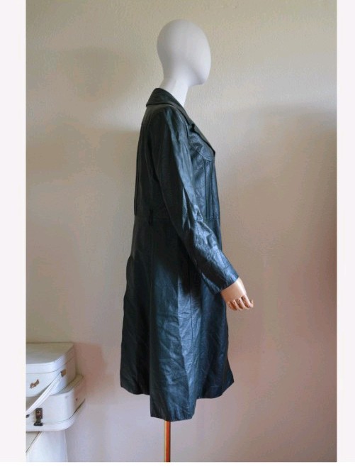 Vintage 1970s forest green Leather Trench Coat dark green 70s boho long retro S