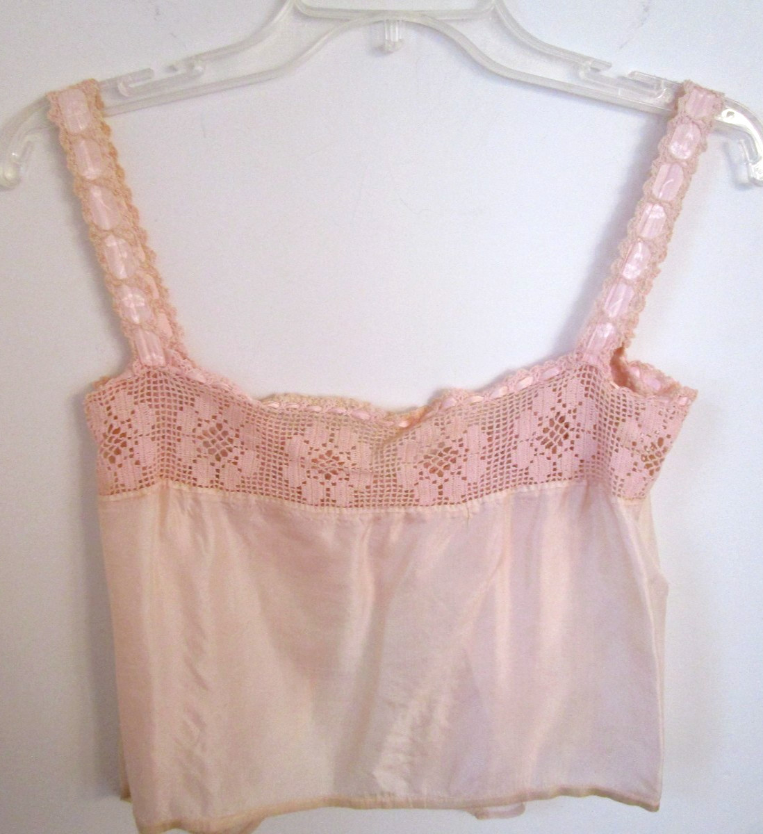Vtg 1920s Bed Jacket Cami Peach Silk Crochet Lace Trim Ribbon Tie Deco Slvless