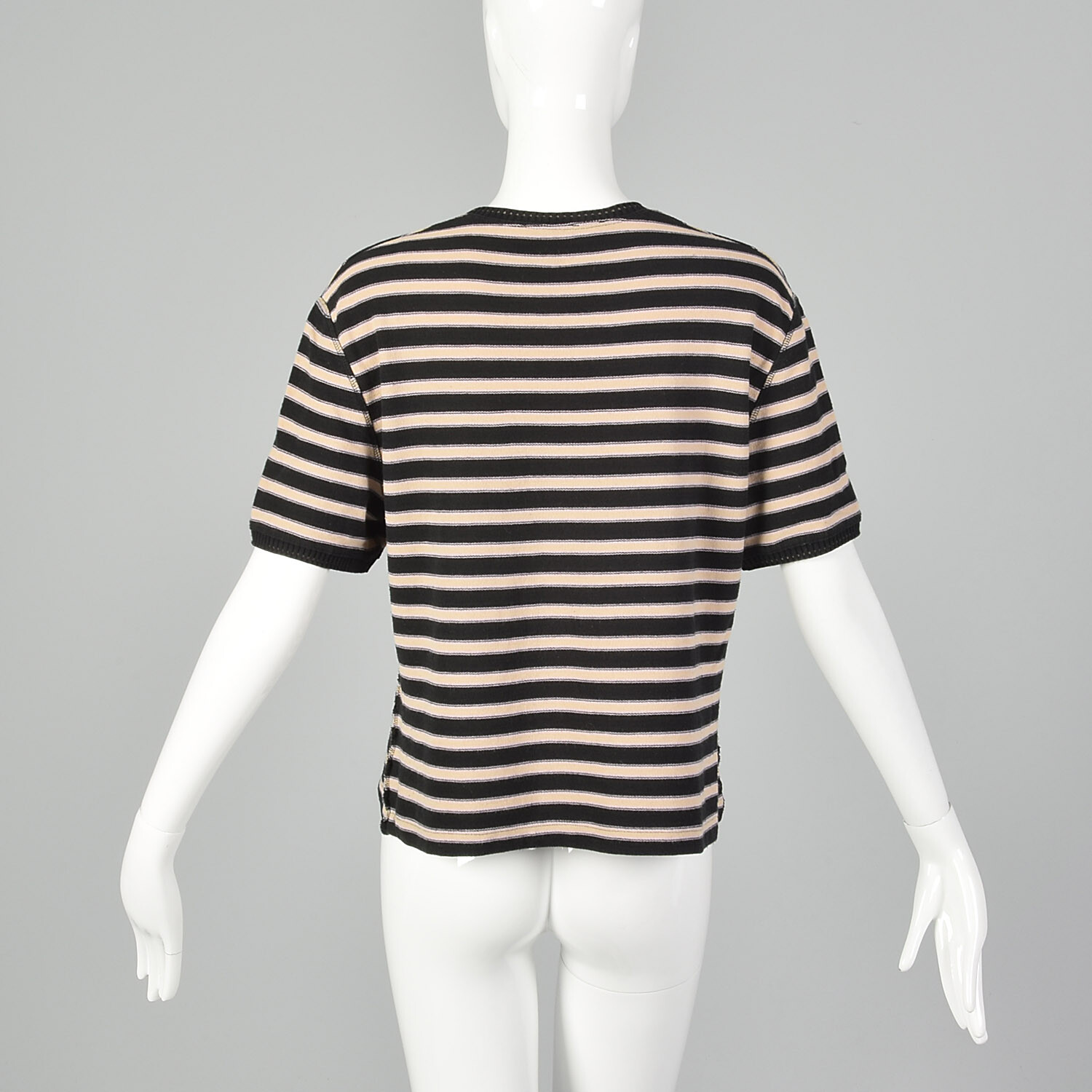 L Sonia Rykiel Black Pink Sweater Designer Striped Short Sleeve Knit Top VTG