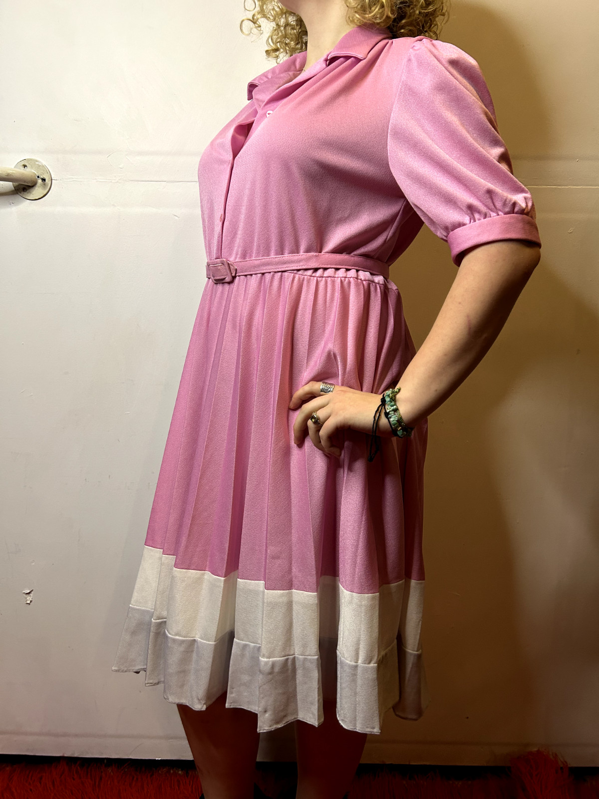 Vintage Australian ARC SYDNEY 1980s Pink Shirt Dress Pleated Coconut Ice AU 14