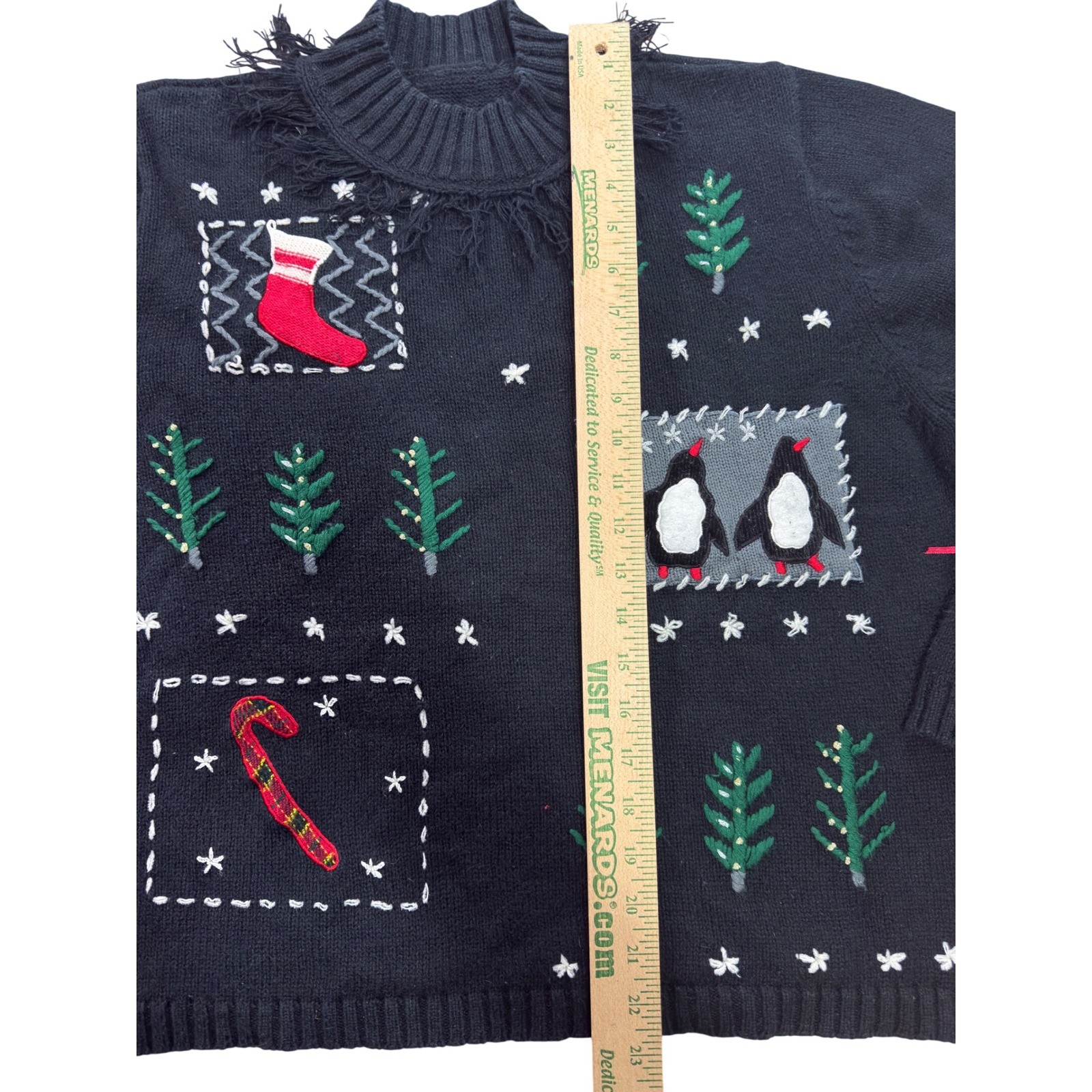 Vintage Christmas Sweater Women Large Black Fringed Mock Neck Penguin Stocking