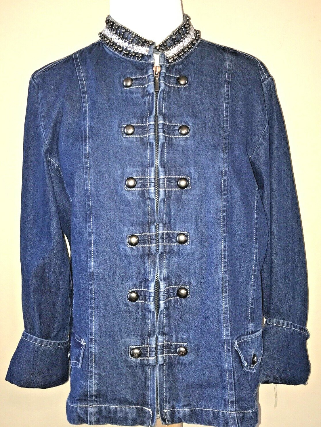 Women’s Denim Jacket Vintage Hannah Beaded Collar Faux Military Buttons Size M