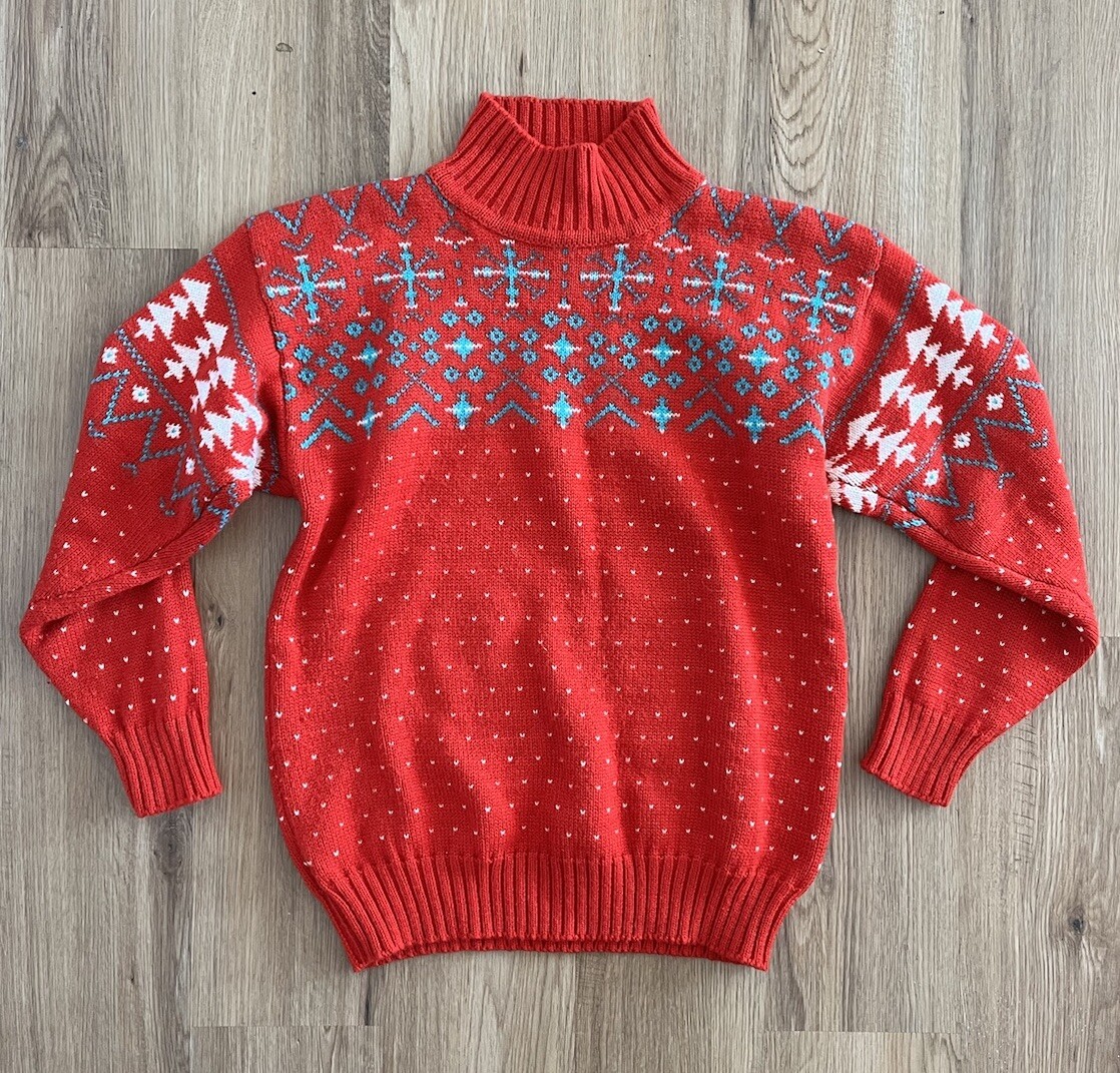 Vintage Summit County Acrylic Wool Cable Knit Red Teal Pullover Holiday Sweater