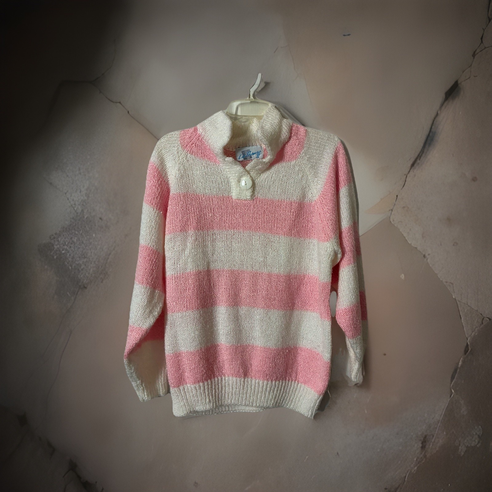Liz Thomas Vintage Knit Sweater Sz 42/22W Pink White Chunky Stripes Collared