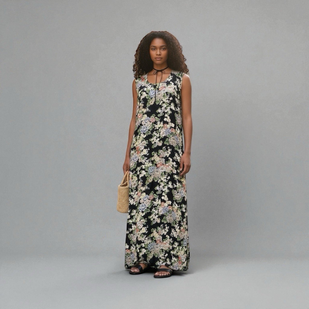 Vintage 90’s Rayon Sheath Maxi Dress Chrysanthemum Print French Connection, M