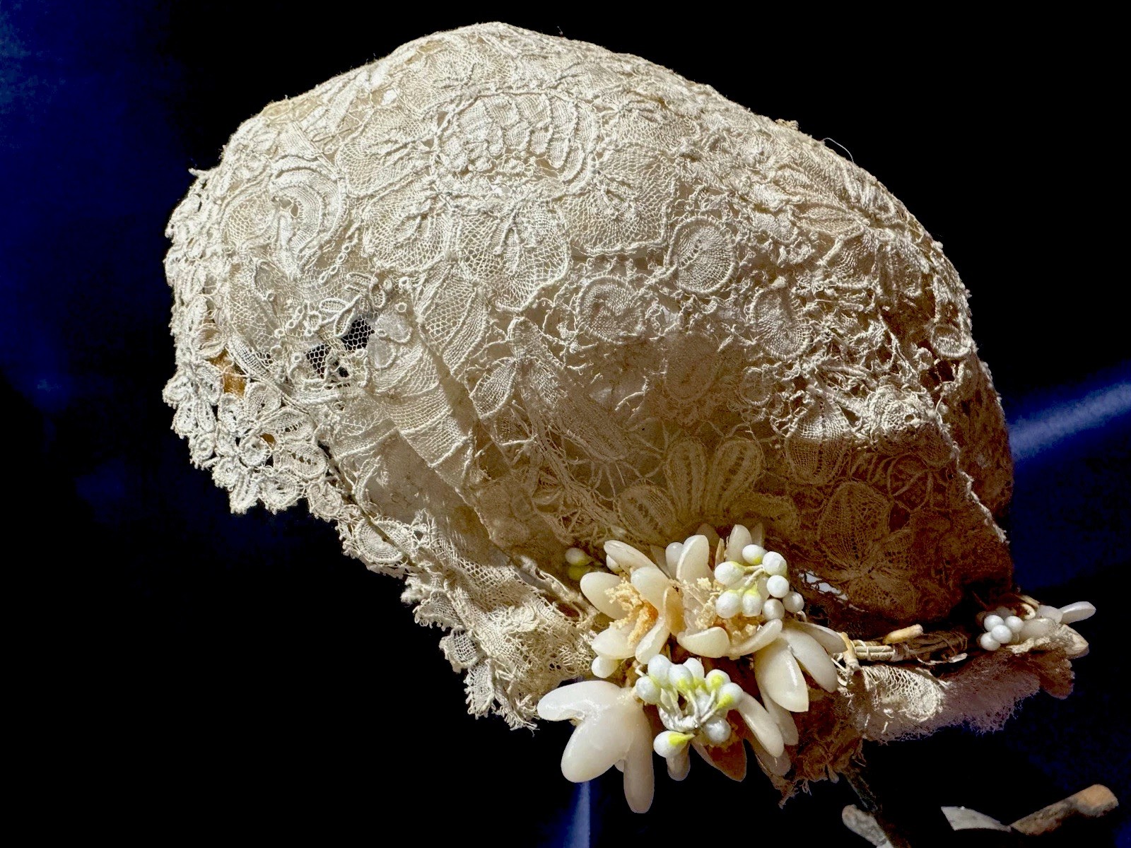 Antique Handmade Point de Gaze Lace Bridal Headpiece With Wax Flowers CreamColor