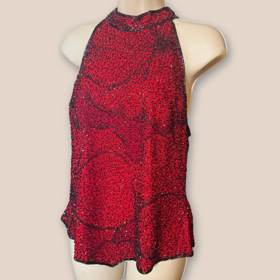 Vintage 90s Andretta Donatello Red Hand Beaded 100% Silk Size M Whimsigoth Glam