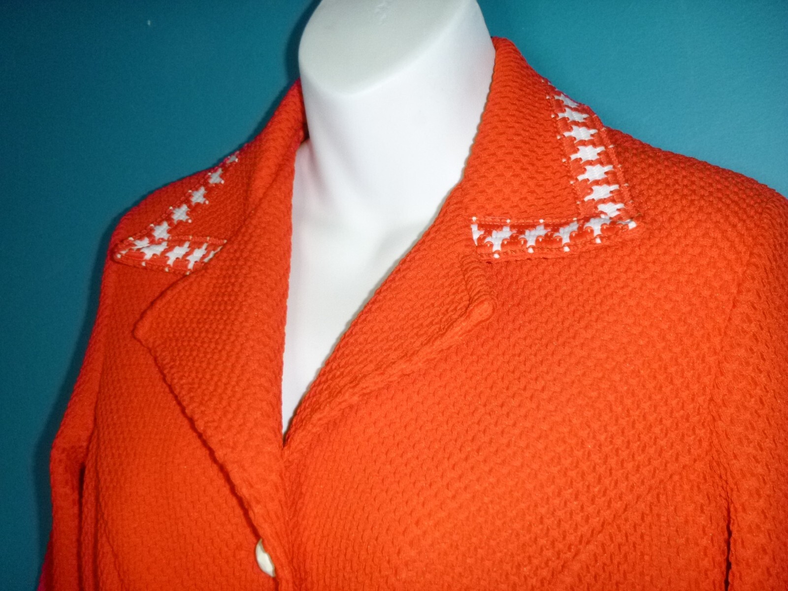 Vtg 70s Koret Red Textured Poly Blazer Jacket Red & White Trim Sz S/M