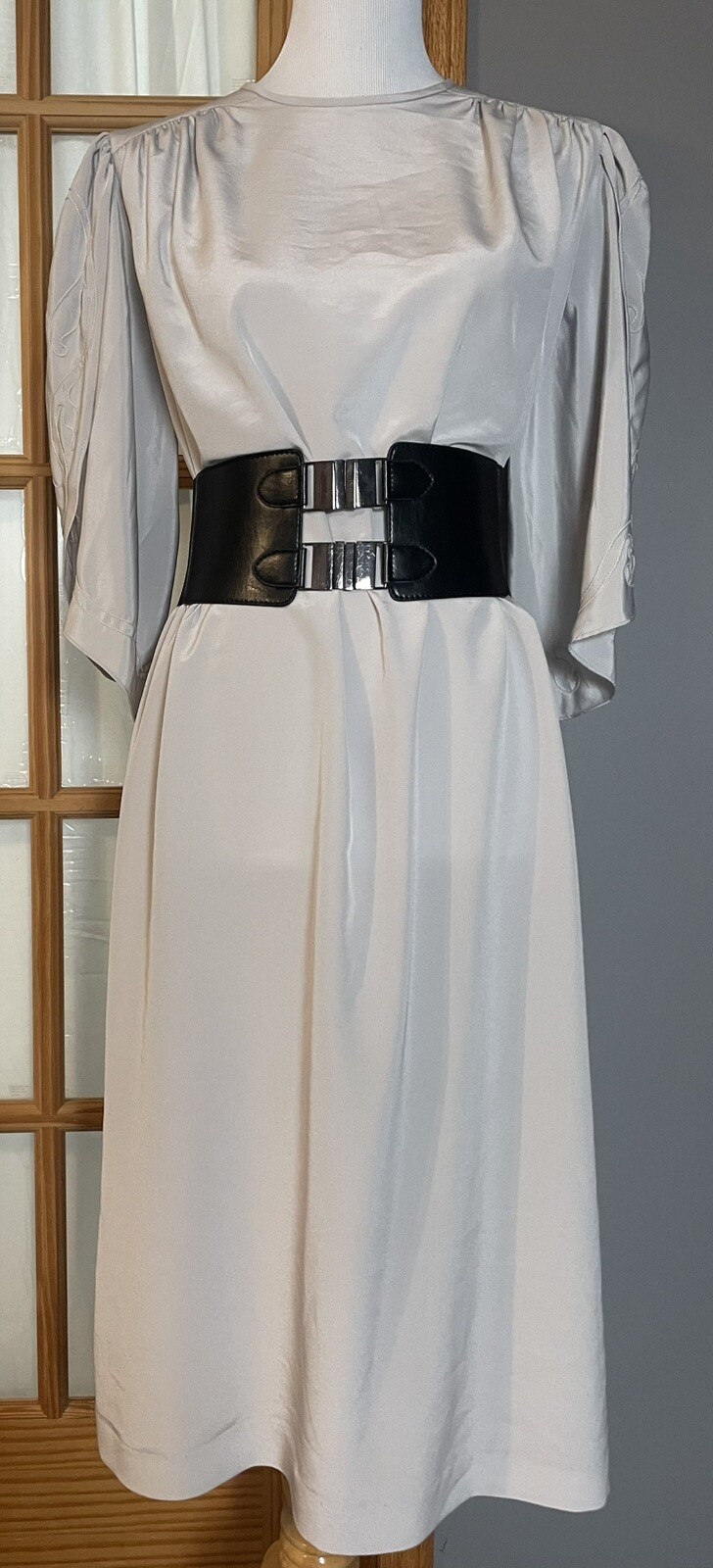 Vtg CHEZ CALIFORNIA Silver Satin Dress Sz L Tulip Sleeves Elegant Eveningwear