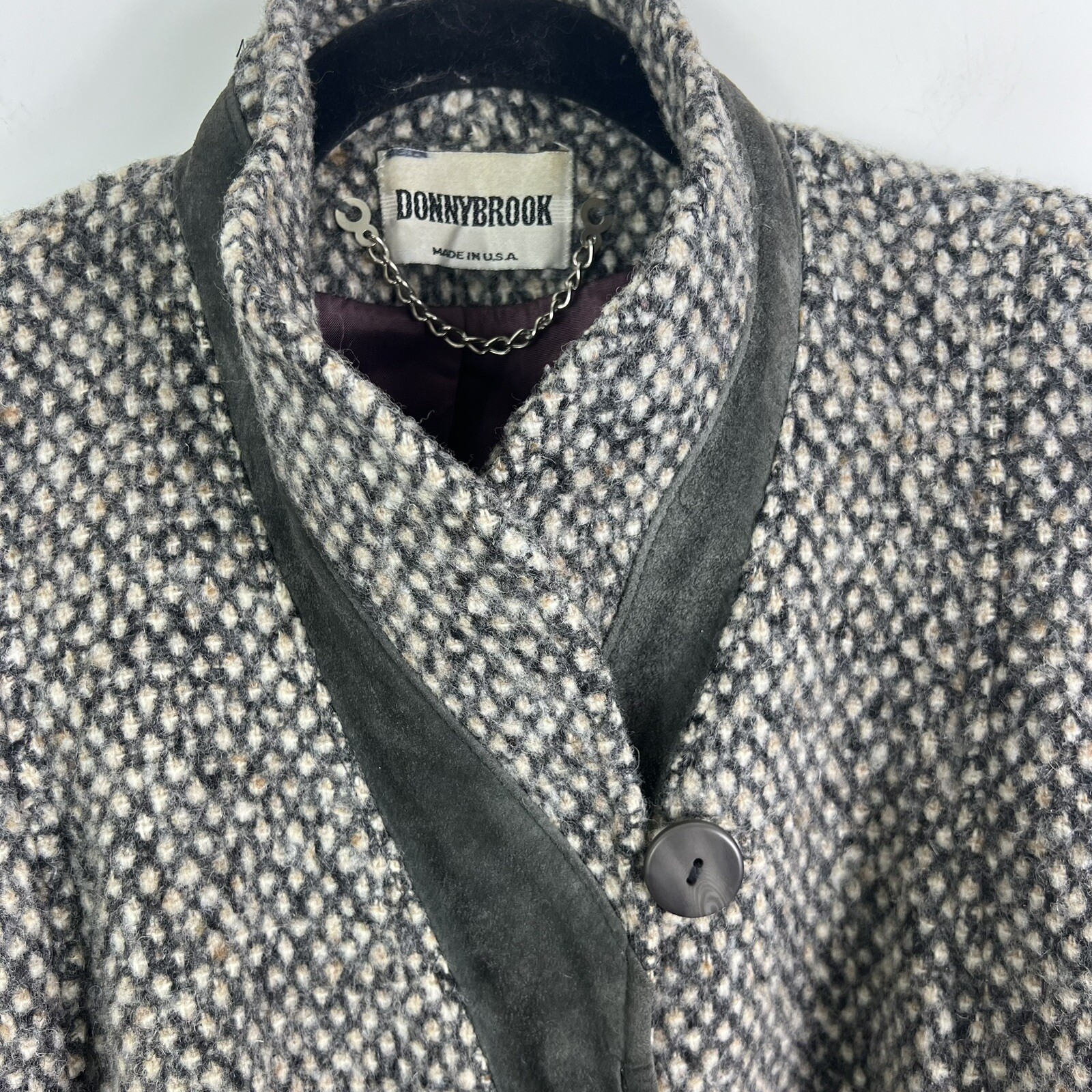 Vintage 80s Donnybrook Wool Blend Suede Trim Mid Length Diamond Tweed ILGWU USA