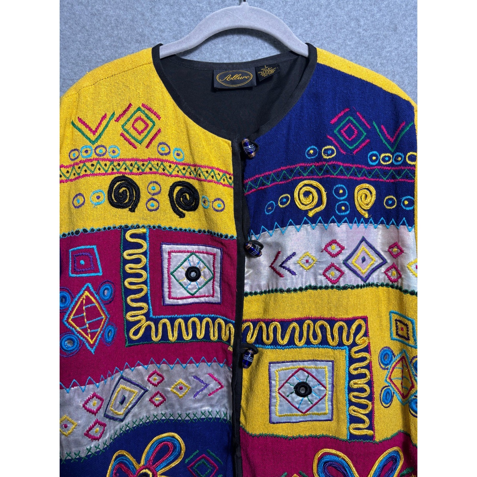 Allure Vintage Art To Wear Embroidered Jacket Colorful Boho Size L 100% Silk