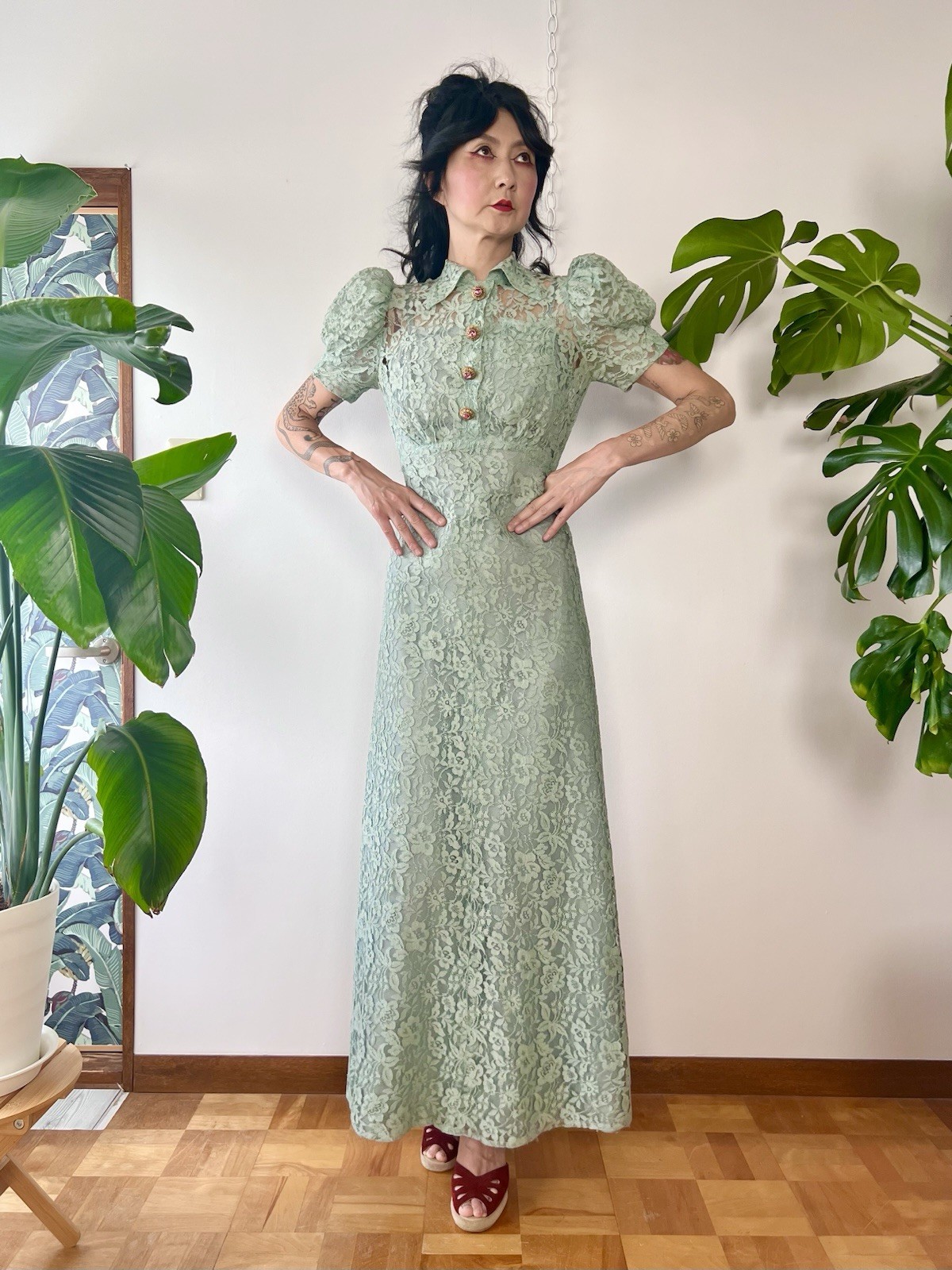 1930s Seafoam Green Floral Sheer Lace Puff Sleeves Gown Dress XS/S Old Hollywood