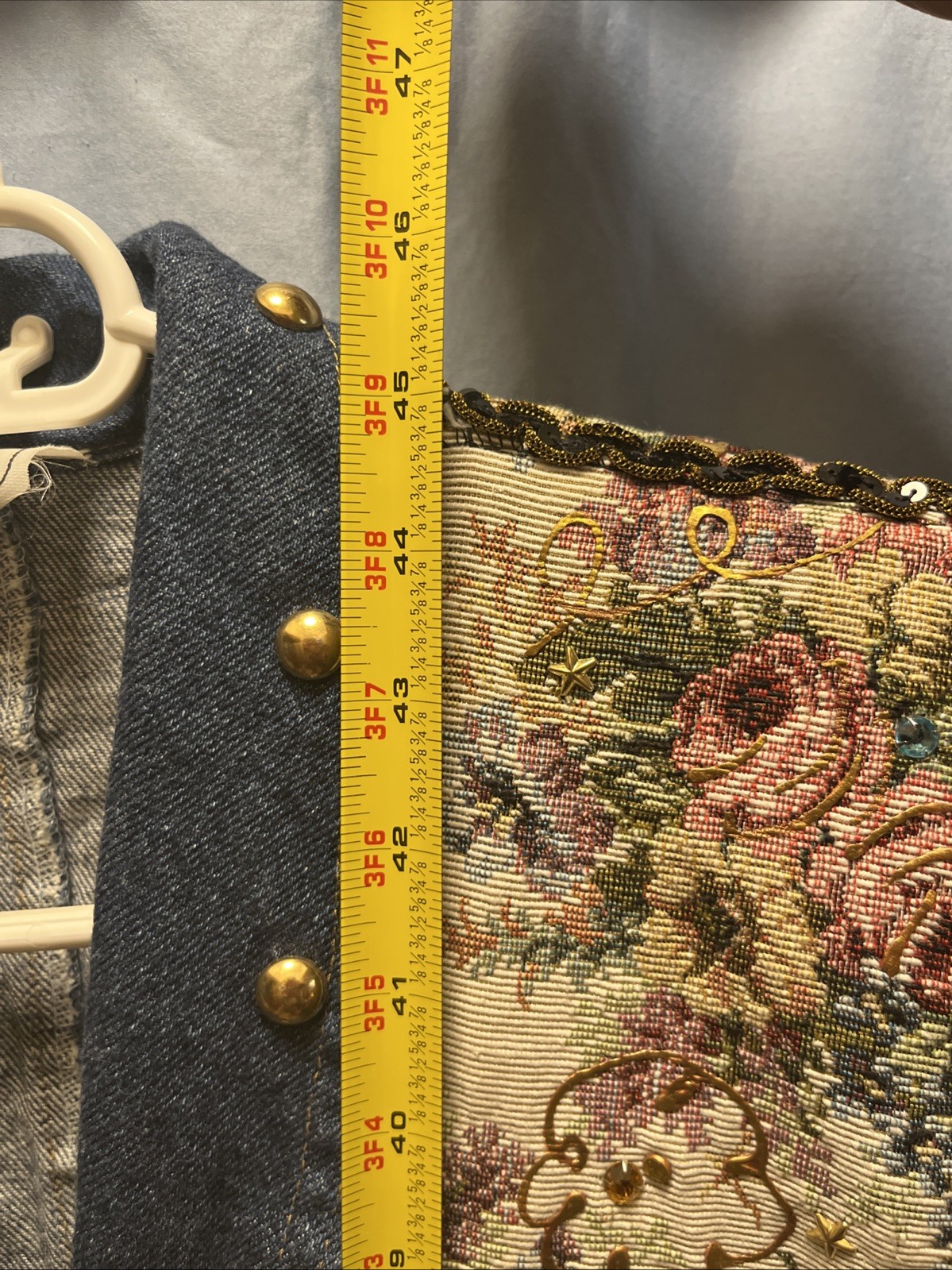 RARE Vintage 80s Charle Casuals Beaded Tapestry Gold Denim DUSTER BOHO See Pix