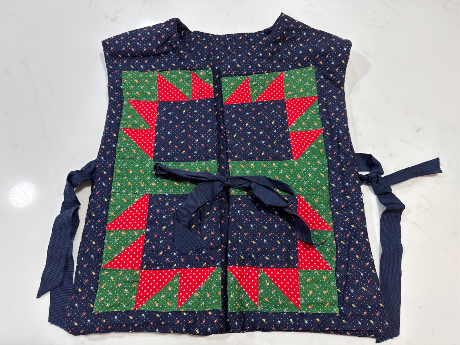 VTG Hand Embroidered Small Quilted Vest Side-Tie Navy Boho Folk Indie B 26”